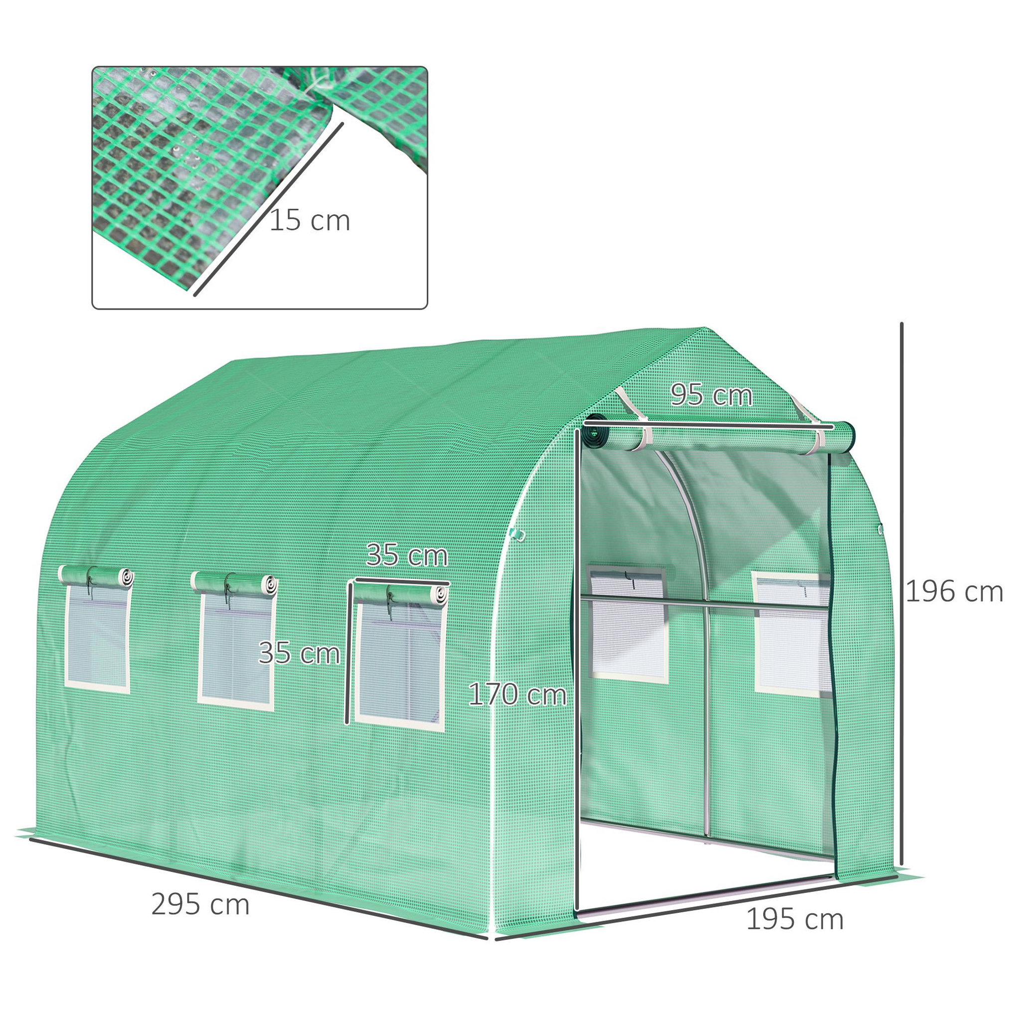 Voir la diapositive 3 : OUTSUNNY Serre de jardin tunnel 6 m² 6 fenêtres porte zippée acier galvanisé pe vert
