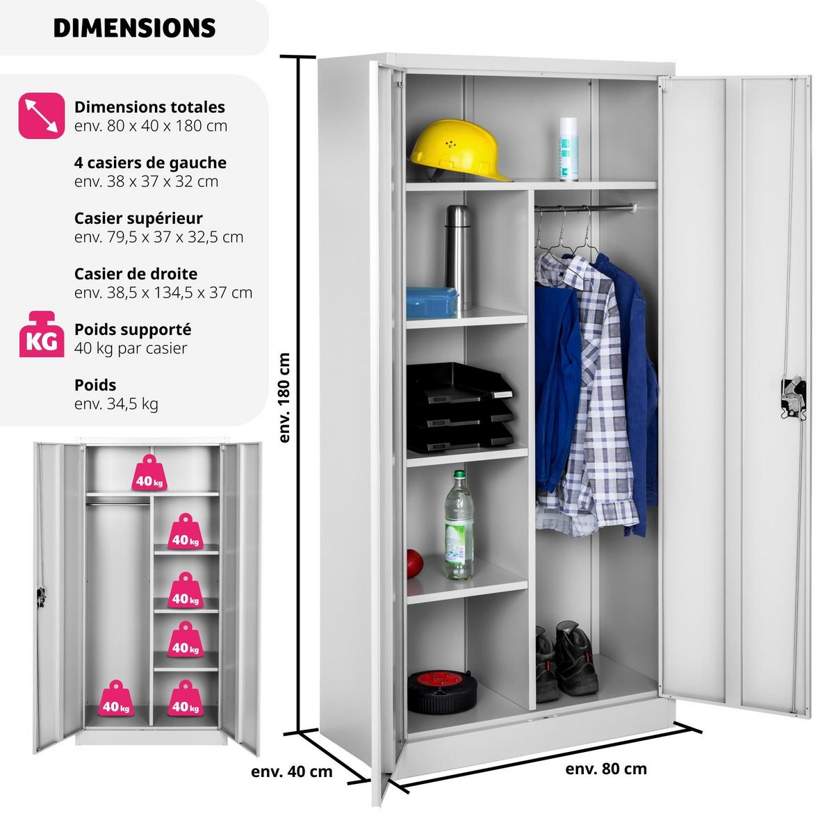 tectake Vestiaire en métal en Acier lâqué époxy gris