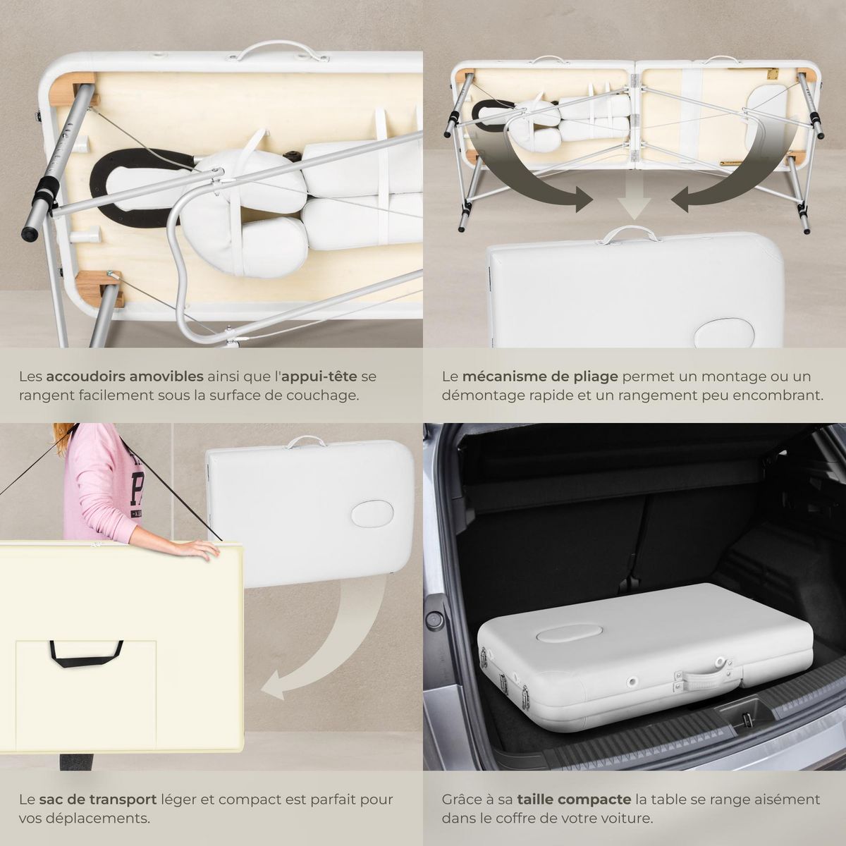tectake Table de massage 3 zones largeur 61 cm et rembourrage 5 cm blanc