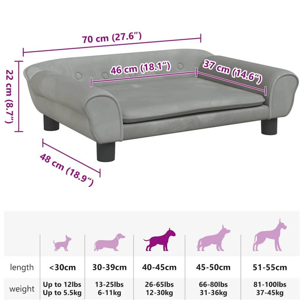 VIDAXL Lit pour chien gris clair 70x48x22 cm velours