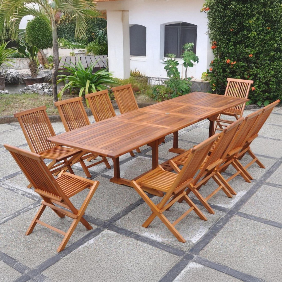 CONCEPT USINE Table de jardin rectangle 10 places et 10 chaises en teck huilé LUBOK