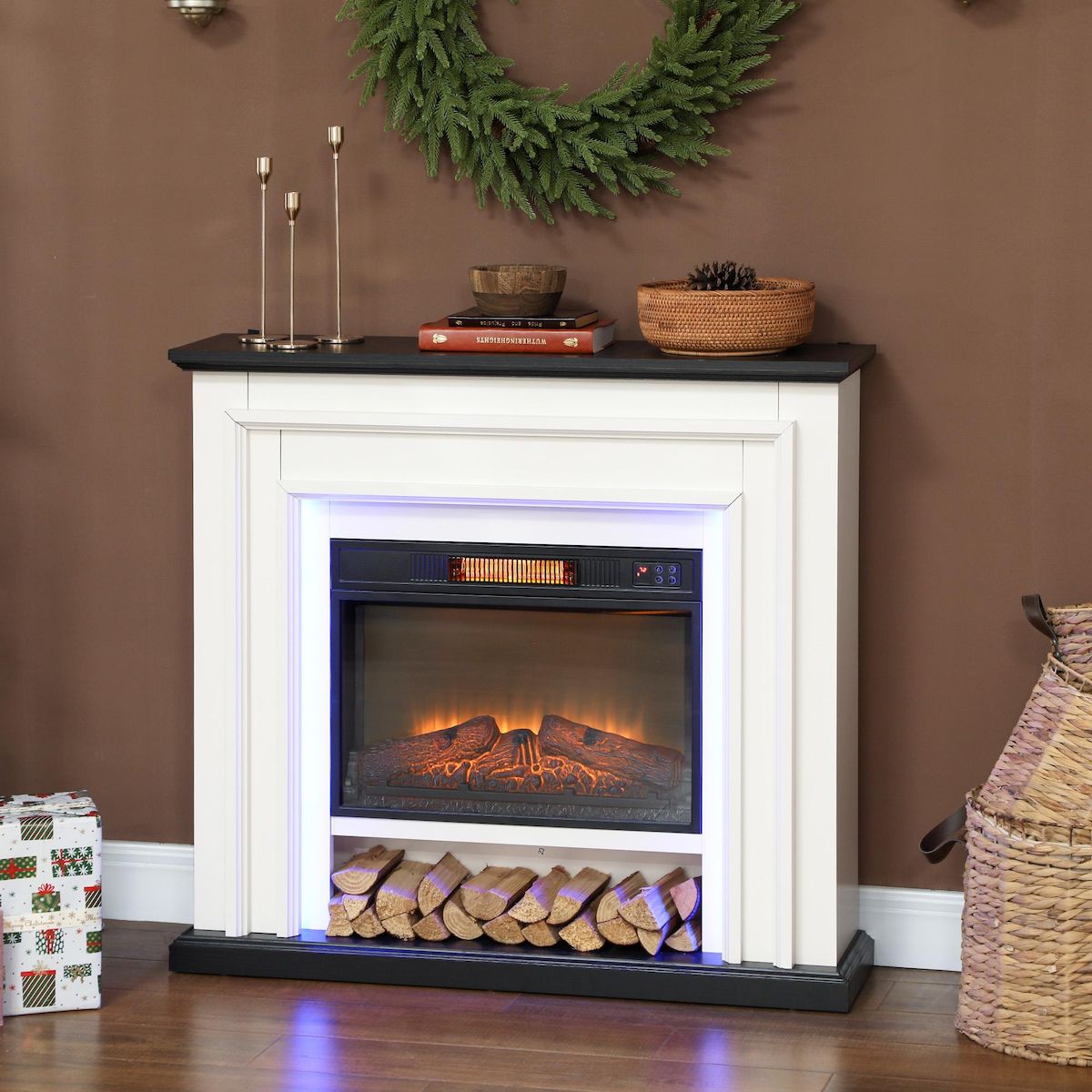 HOMCOM Cheminée électrique LED multicolore design classique grande taille 105 x 27 x 97 cm télécommande blanc noir