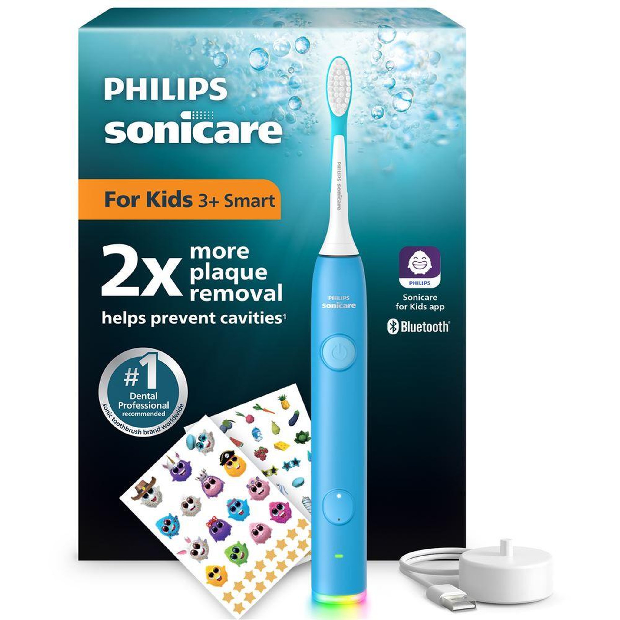 Philips Philips sonicare for kids smart hx6600/12 brosse à dents sonique rechargeable bleue 3+ bluetooth avec 2 embouts