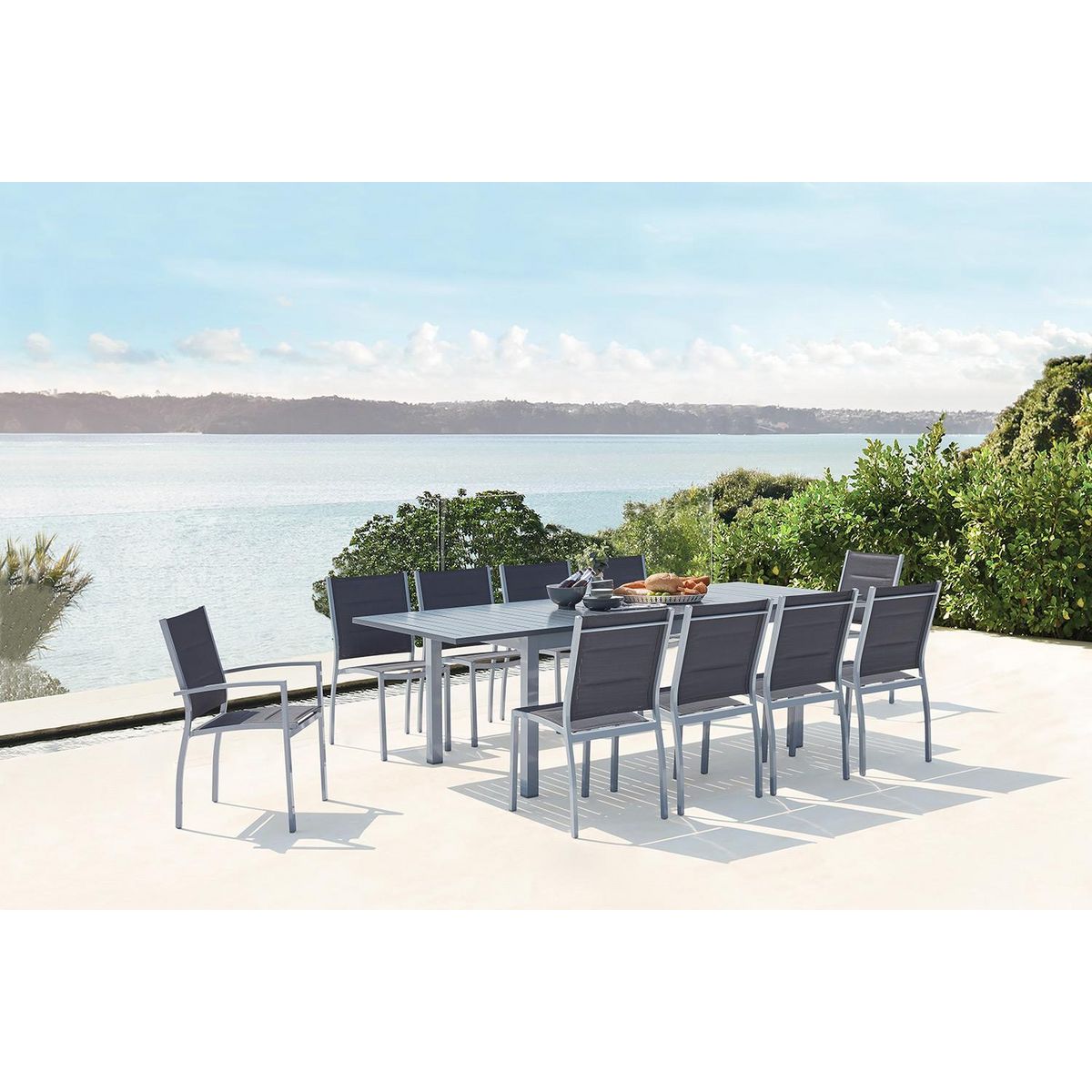 CONCEPT USINE Table de jardin extensible et 10 chaises alu-toile PVC gris AREZZO