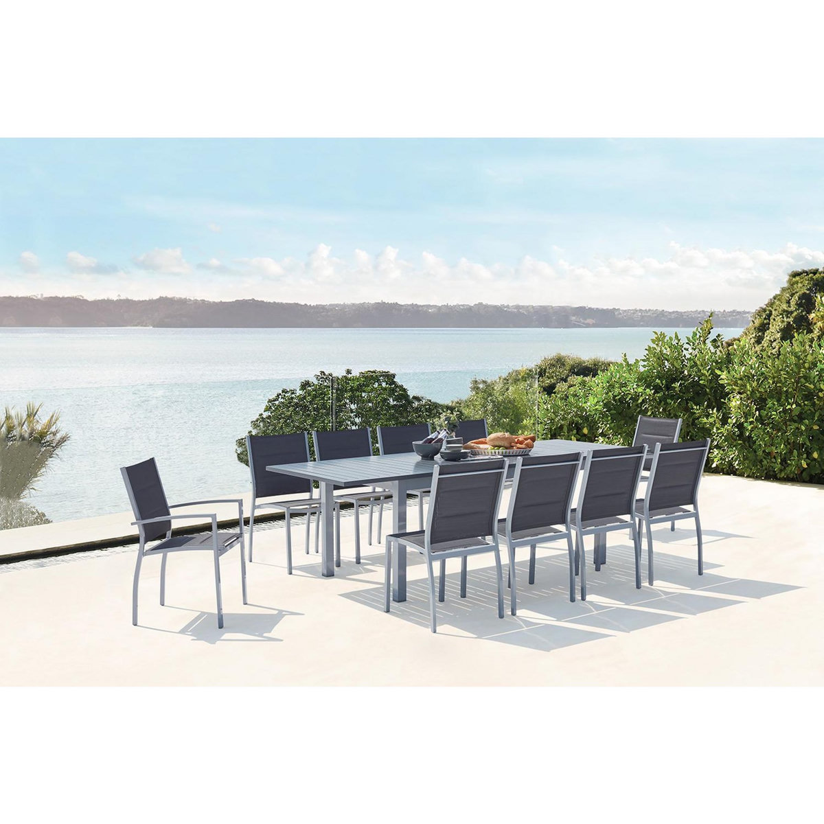 CONCEPT USINE Table de jardin extensible et 10 chaises alu-toile PVC gris AREZZO