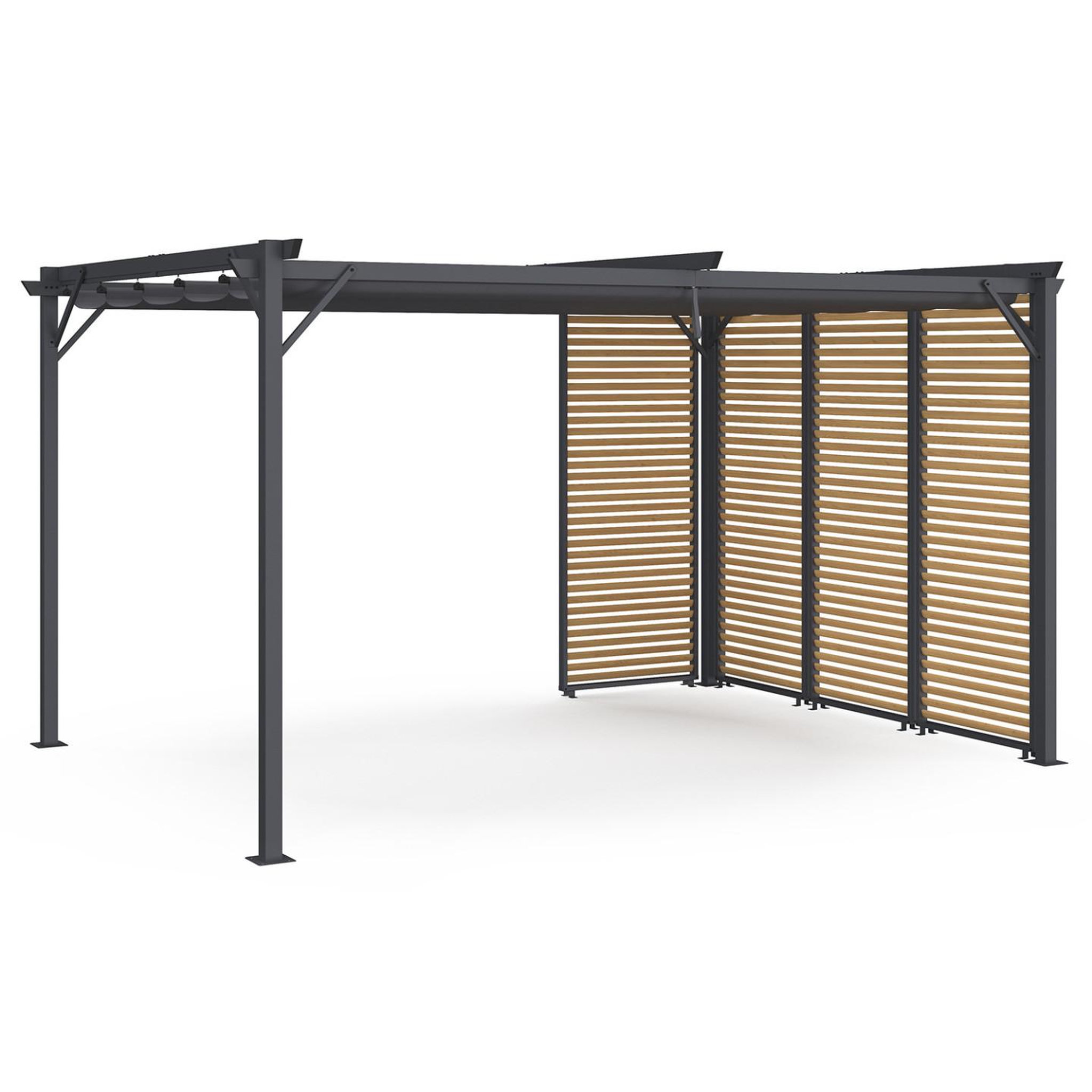 Voir la diapositive 4 : ID MARKET Pergola édition collector persiennes horizontales effet bois et toit rétractable 3x4m 4 pans modulables gris anthracite
