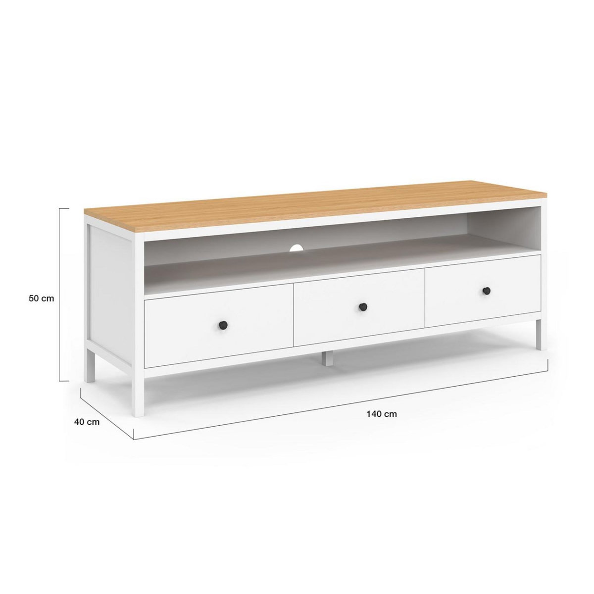 ID MARKET Meuble TV 140 cm ACHILLE 3 tiroirs blanc et plateau bois