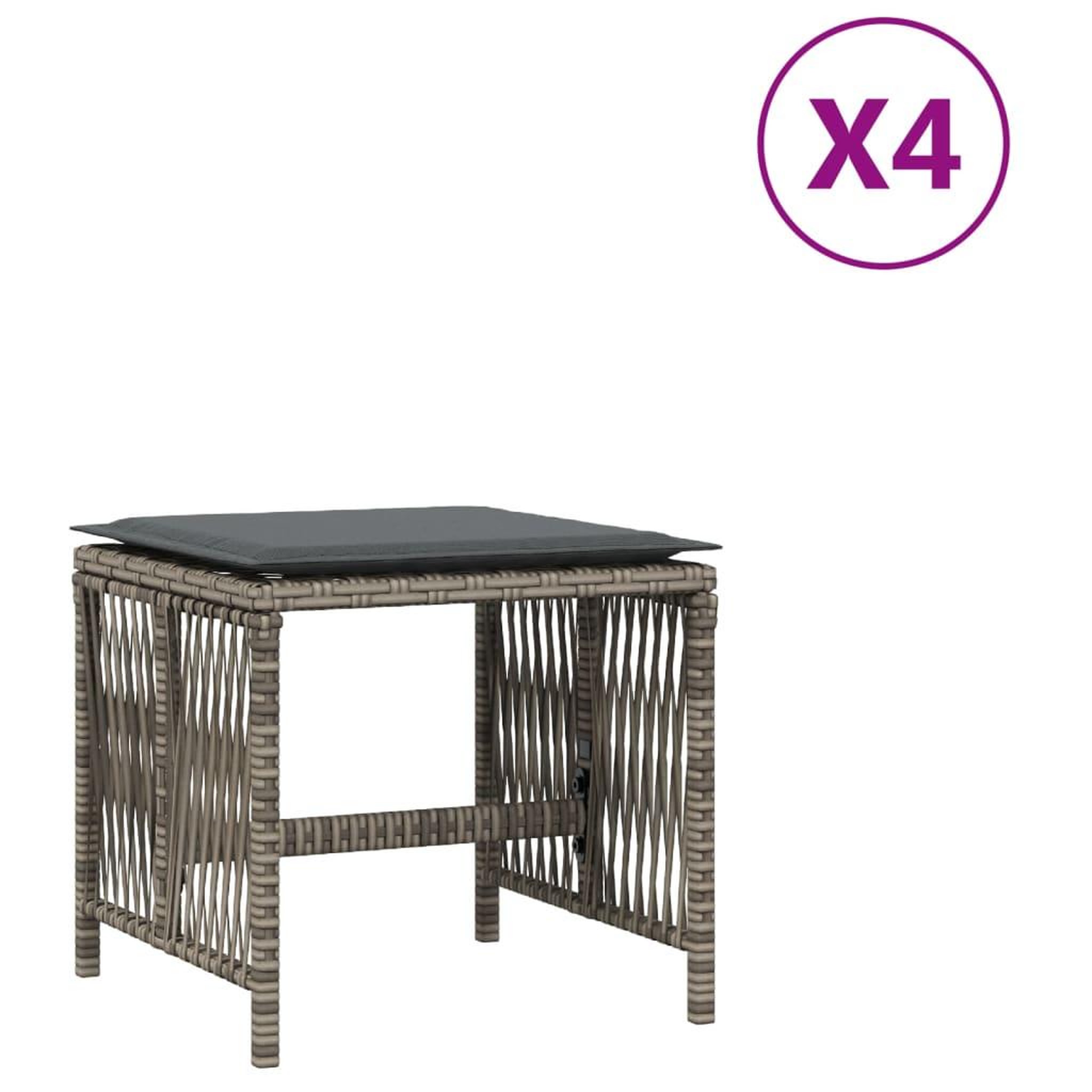 Voir la diapositive 2 : VIDAXL Tabourets de jardin et coussins lot de 4 gris 41x41x36 cm rotin