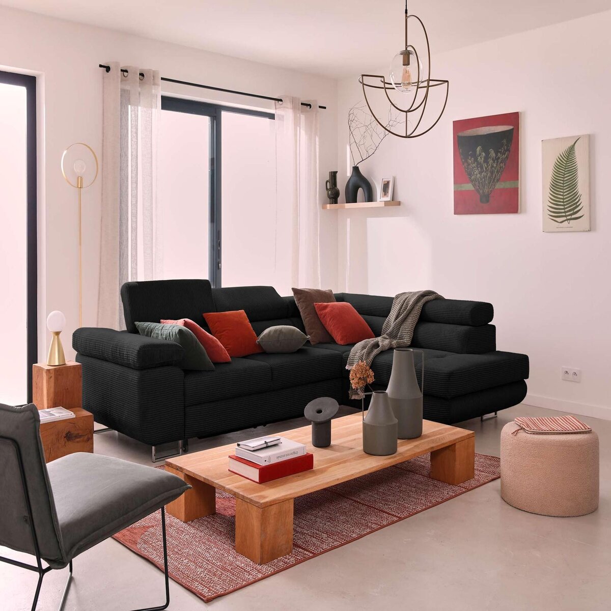 BEST MOBILIER Zaria - canapé d'angle droit - convertible avec coffre et têtières réglables - 5 places - en velours côtelé