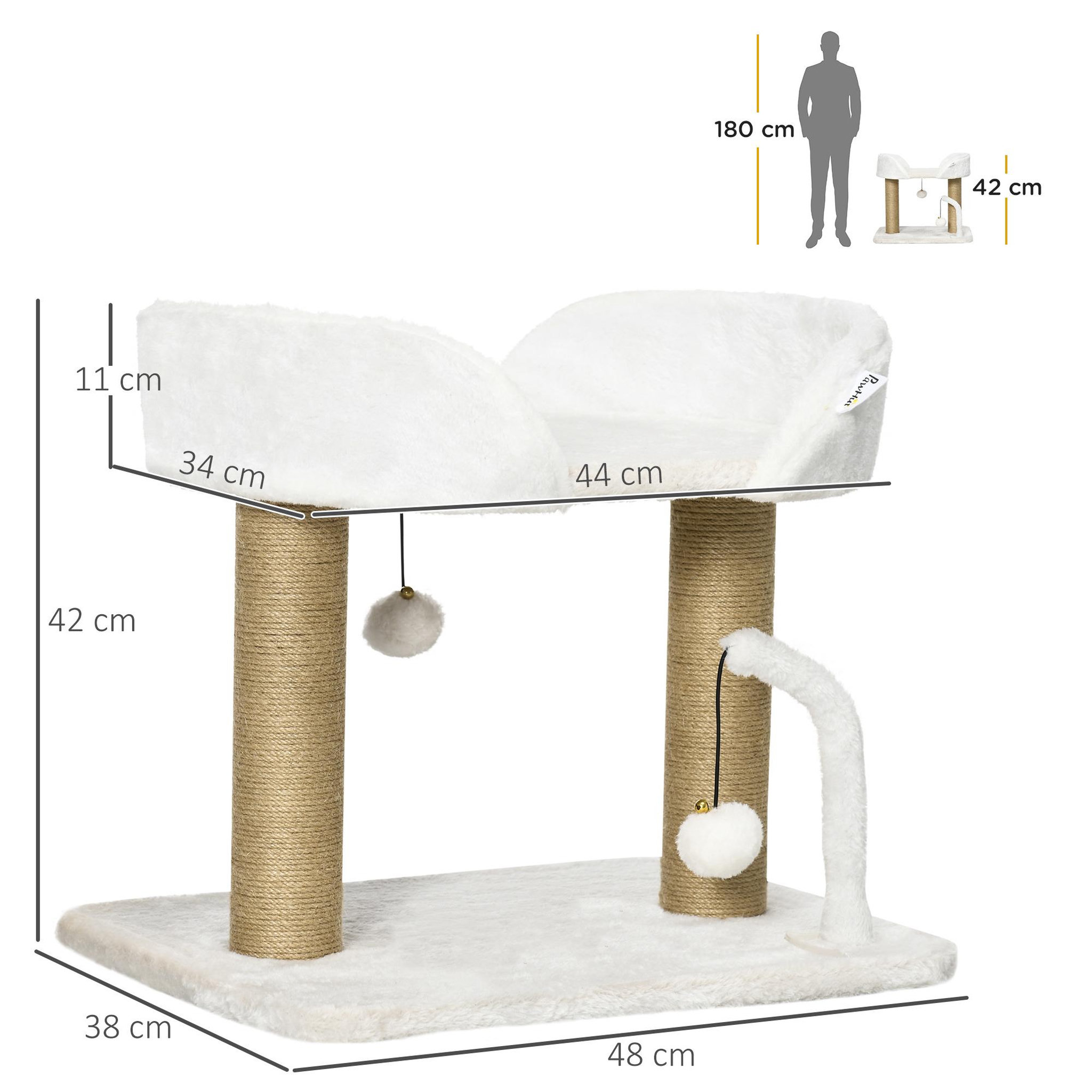 Voir la diapositive 3 : PAWHUT Arbre à chat 2 griffoirs jute naturelle panier jeu 2 boules suspendues avec clochettes peluche blanche