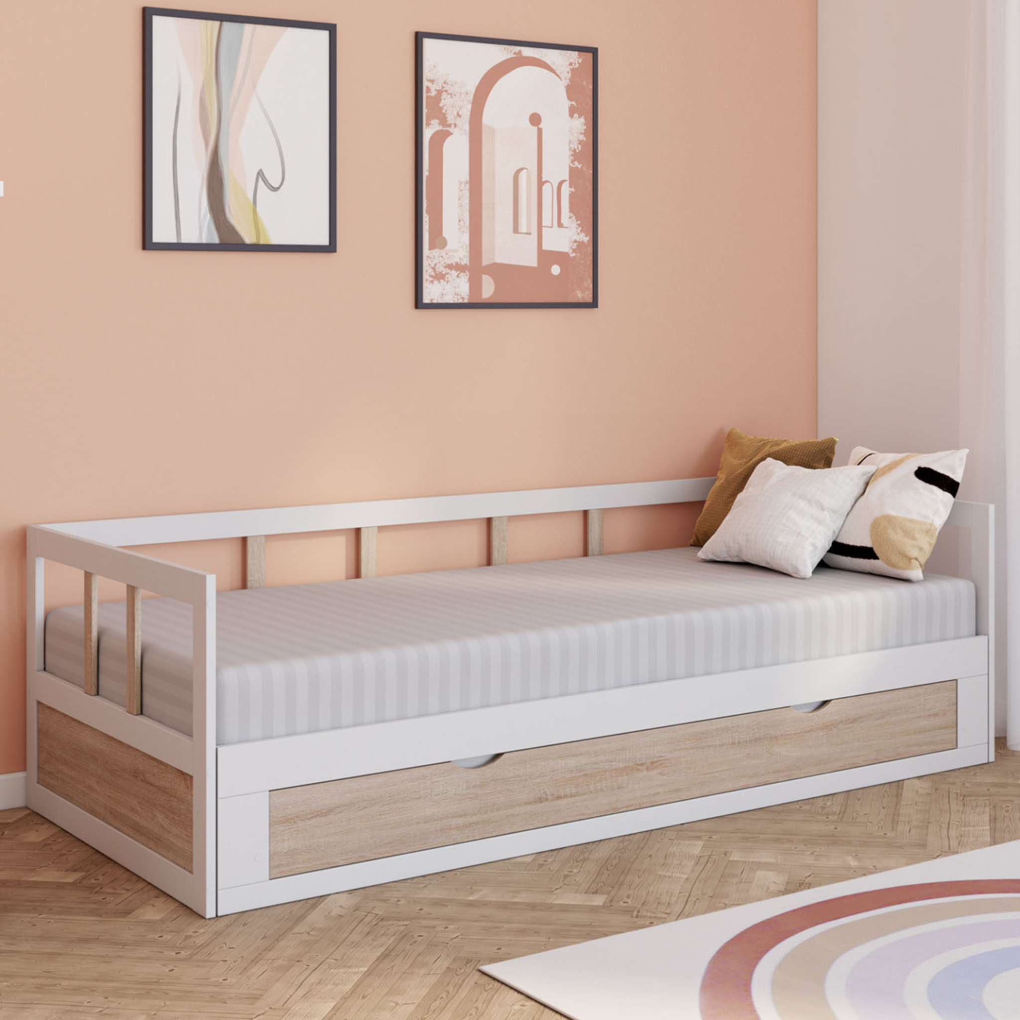 Voir la diapositive 2 : ID MARKET Lit banquette 90 x 190 cm zoya convertible 180 x 190 cm blanc et hêtre avec 1 tiroir de rangement