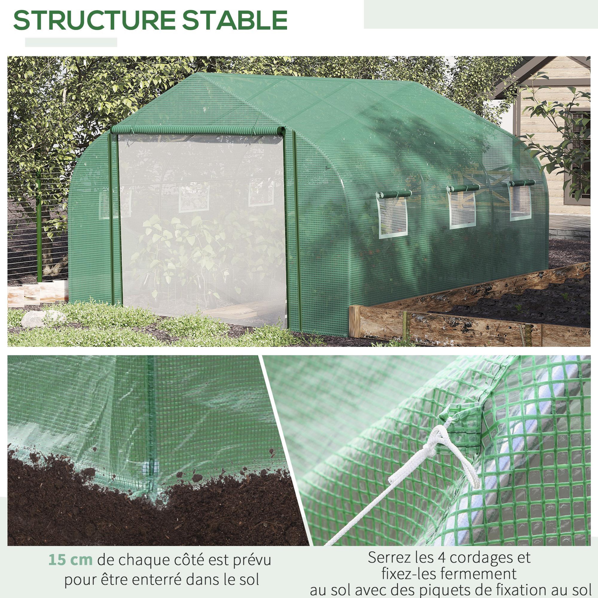 Voir la diapositive 6 : OUTSUNNY Serre tunnel de jardin grande taille dim. 3,47l x 3l x 2h m - 6 fenêtres et porte zippée enroulable - acier galvanisé pe haute densité vert