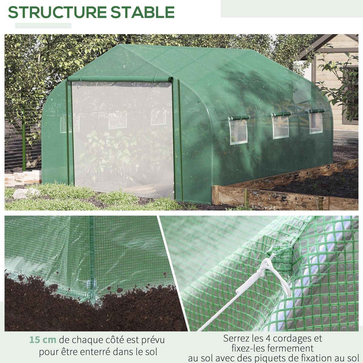OUTSUNNY Serre tunnel de jardin grande taille dim. 3,47L x 3l x 2H m - 6 fenêtres et porte zippée enroulable - acier galvanisé PE haute densité vert