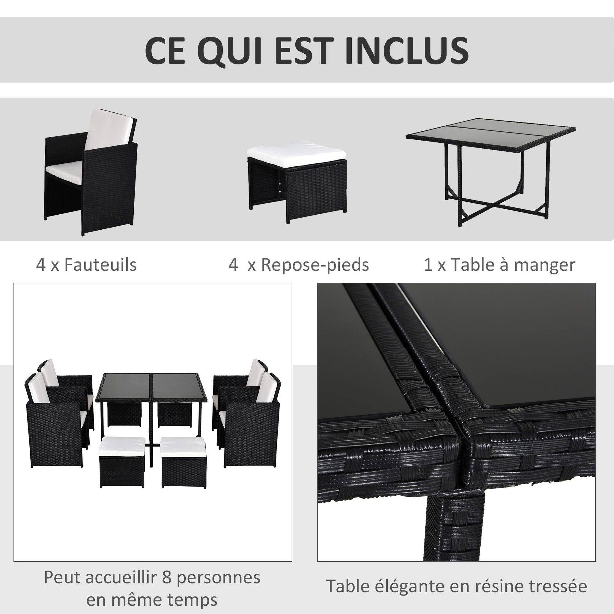 Voir la diapositive 5 : OUTSUNNY Ensemble salon de jardin encastrable 8 personnes 9 pièces résine tressée 4 fils imitation rotin noir coussins déhoussables crème