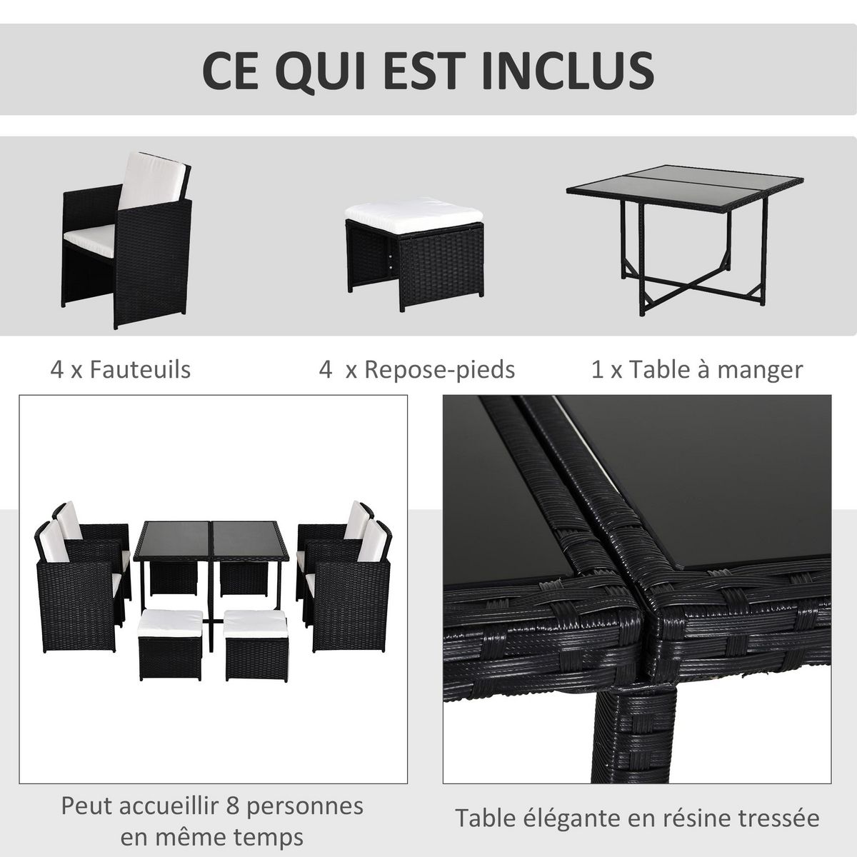 OUTSUNNY Ensemble salon de jardin encastrable 8 personnes 9 pièces résine tressée 4 fils imitation rotin noir coussins déhoussables crème