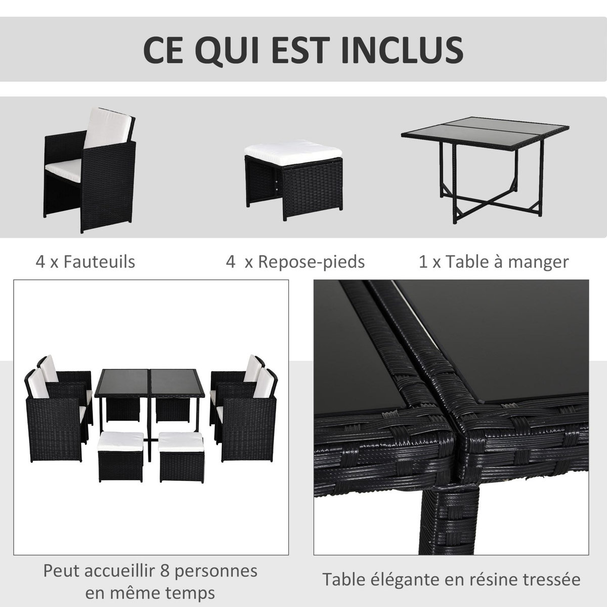 OUTSUNNY Ensemble salon de jardin encastrable 8 personnes 9 pièces résine tressée 4 fils imitation rotin noir coussins déhoussables crème