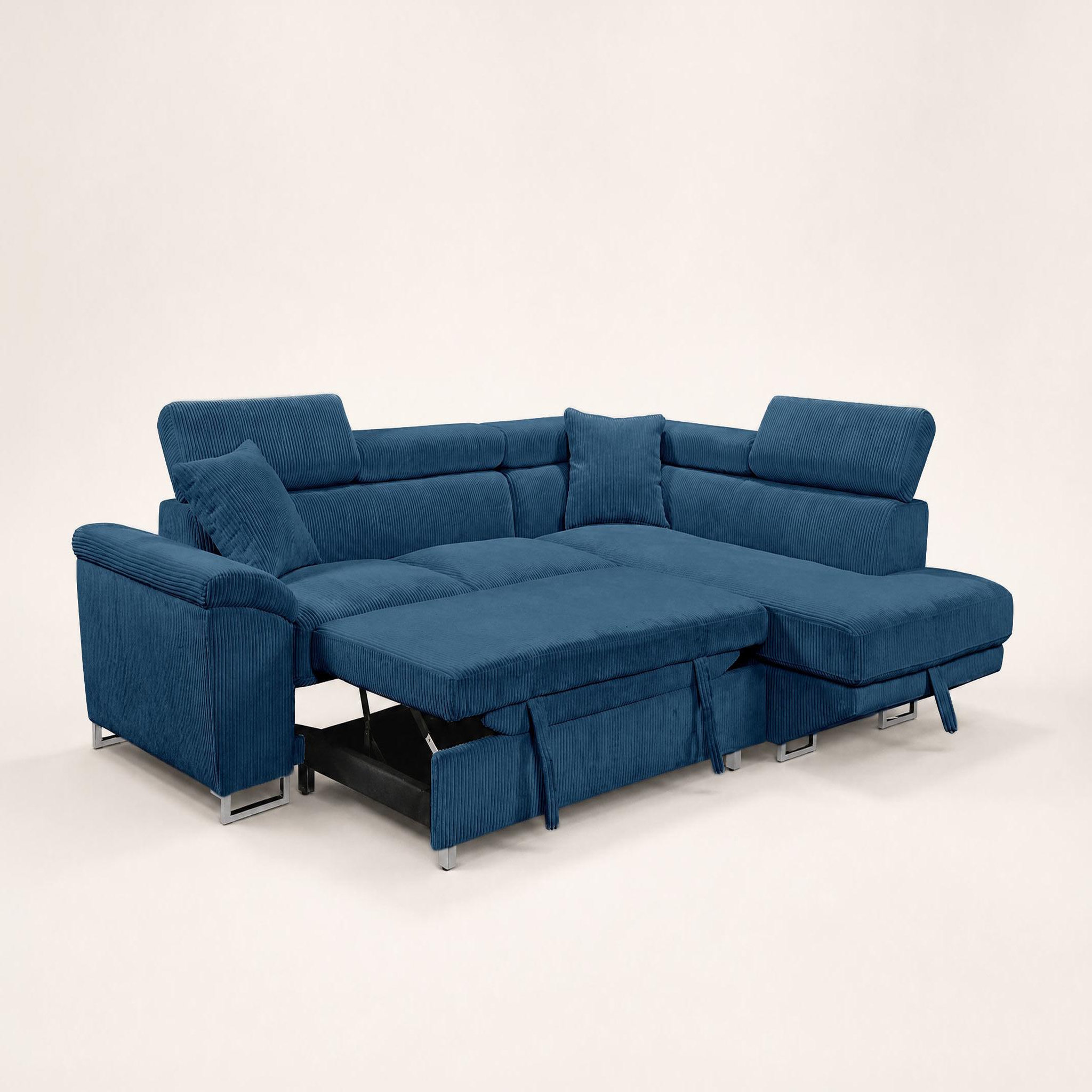 Voir la diapositive 6 : BEST MOBILIER Baoji - canapé d'angle droit 5 places convertible avec têtières et coffre en velours côtelé