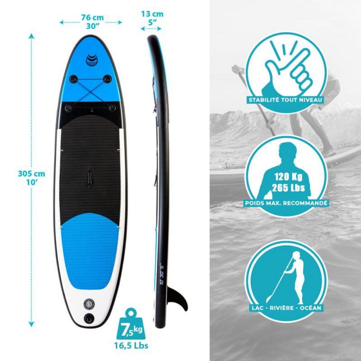 ADRENALIN Paddle Gonflable URA 10' 30'' 5'' (305x76x13cm) avec Pompe, Pagaie, Leash et Sac de Transport