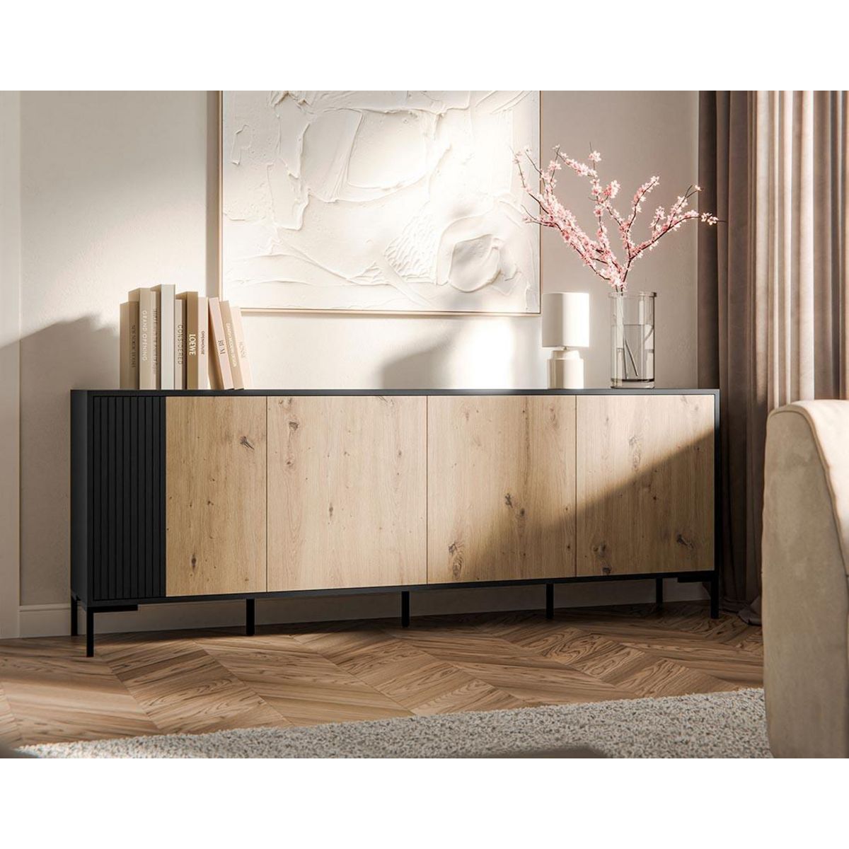 BEST MOBILIER Cambridge - buffet bas - effet bois et noir - 200 cm