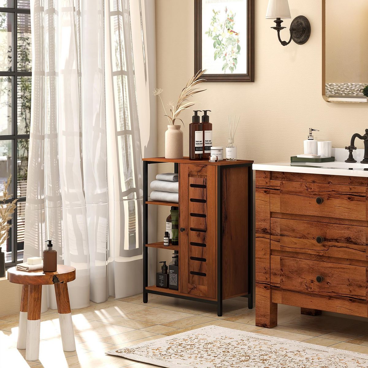 KLEANKIN Meuble de salle de bain sur pied, meuble de rangement, design industriel, structure en acier, 3 étagères ouvertes, placard à 2 niveaux, porte à lamelles, 60 x 30 x 85 cm, marron rustique