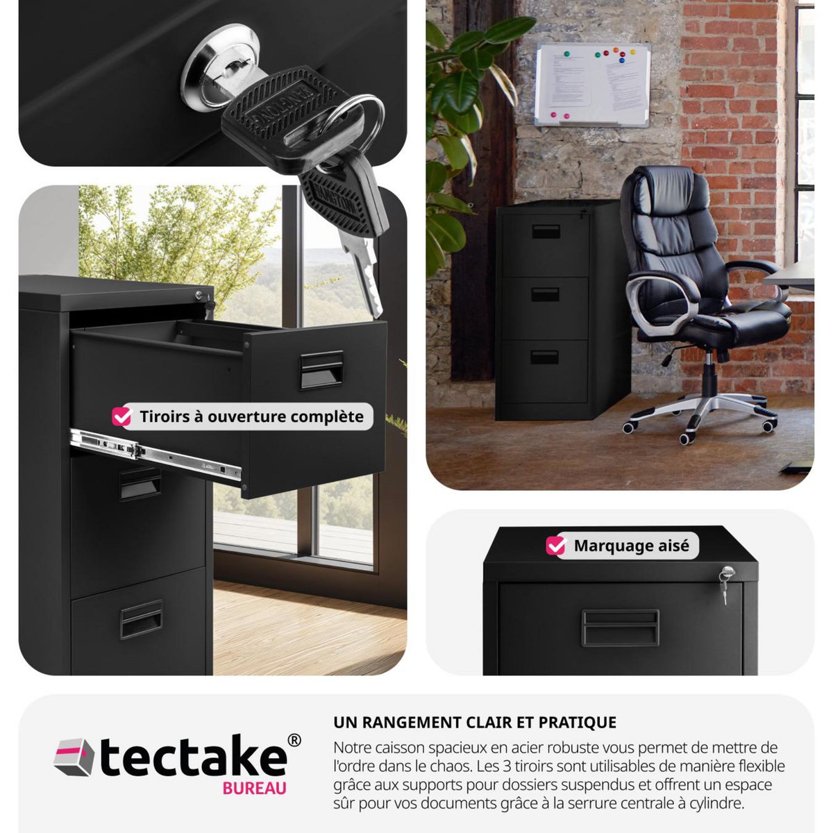 tectake Armoire de classement en métal en acier lâqué époxy noir