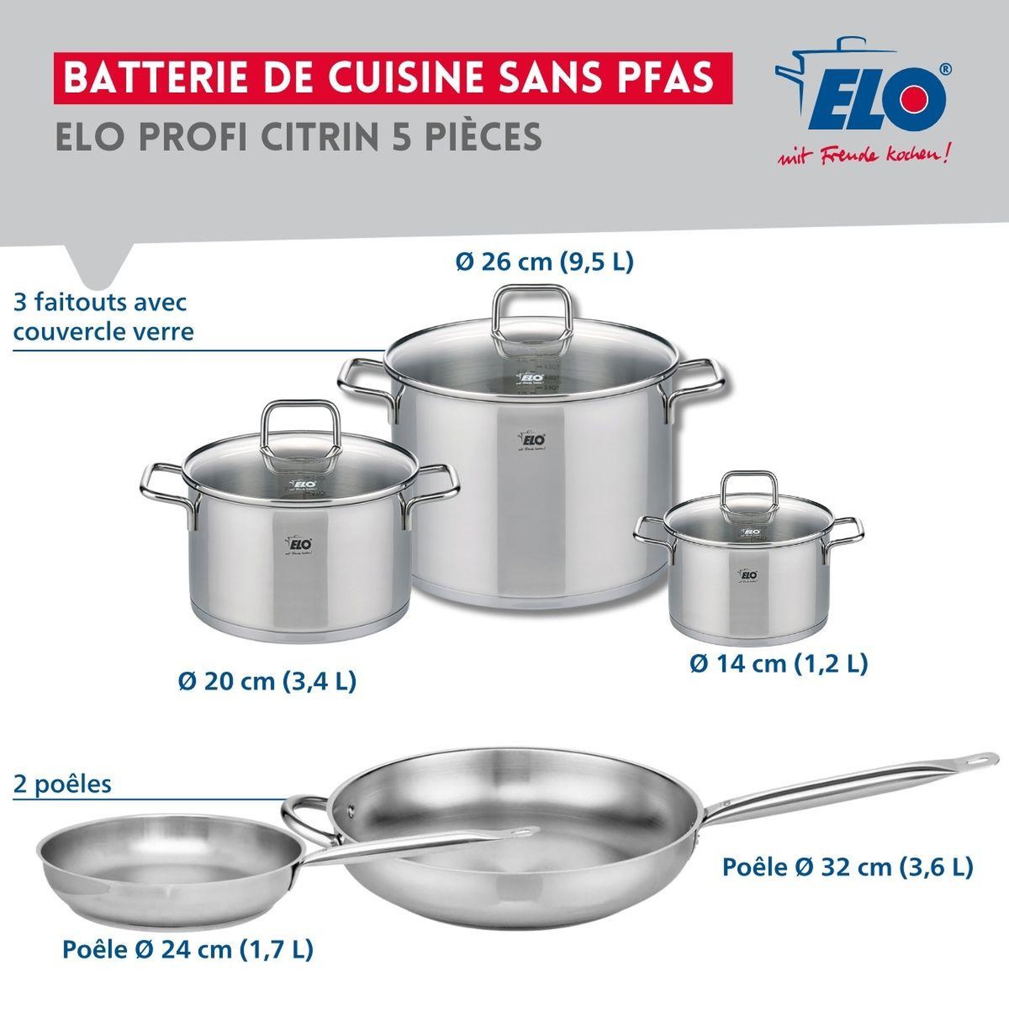 Voir la diapositive 2 : ELO Ensemble de 2 Poêles de cuisson 24 et 32 cm et 3 faitouts 14, 20 et 26 cm Elo Profi Citrin