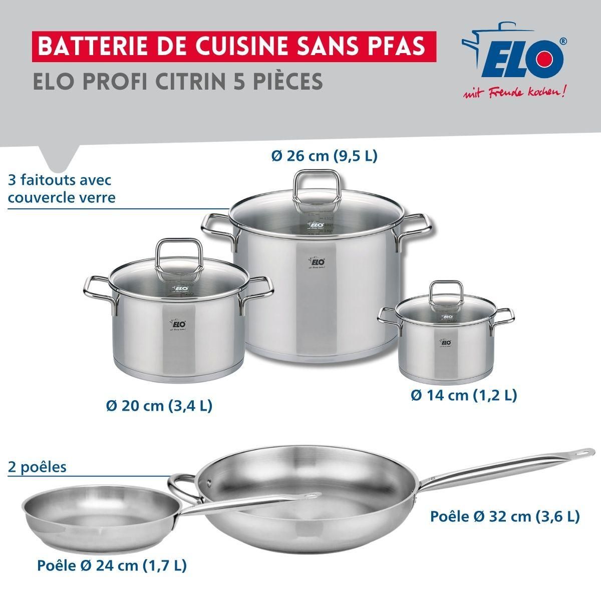 ELO Ensemble de 2 Poêles de cuisson 24 et 32 cm et 3 faitouts 14, 20 et 26 cm Elo Profi Citrin