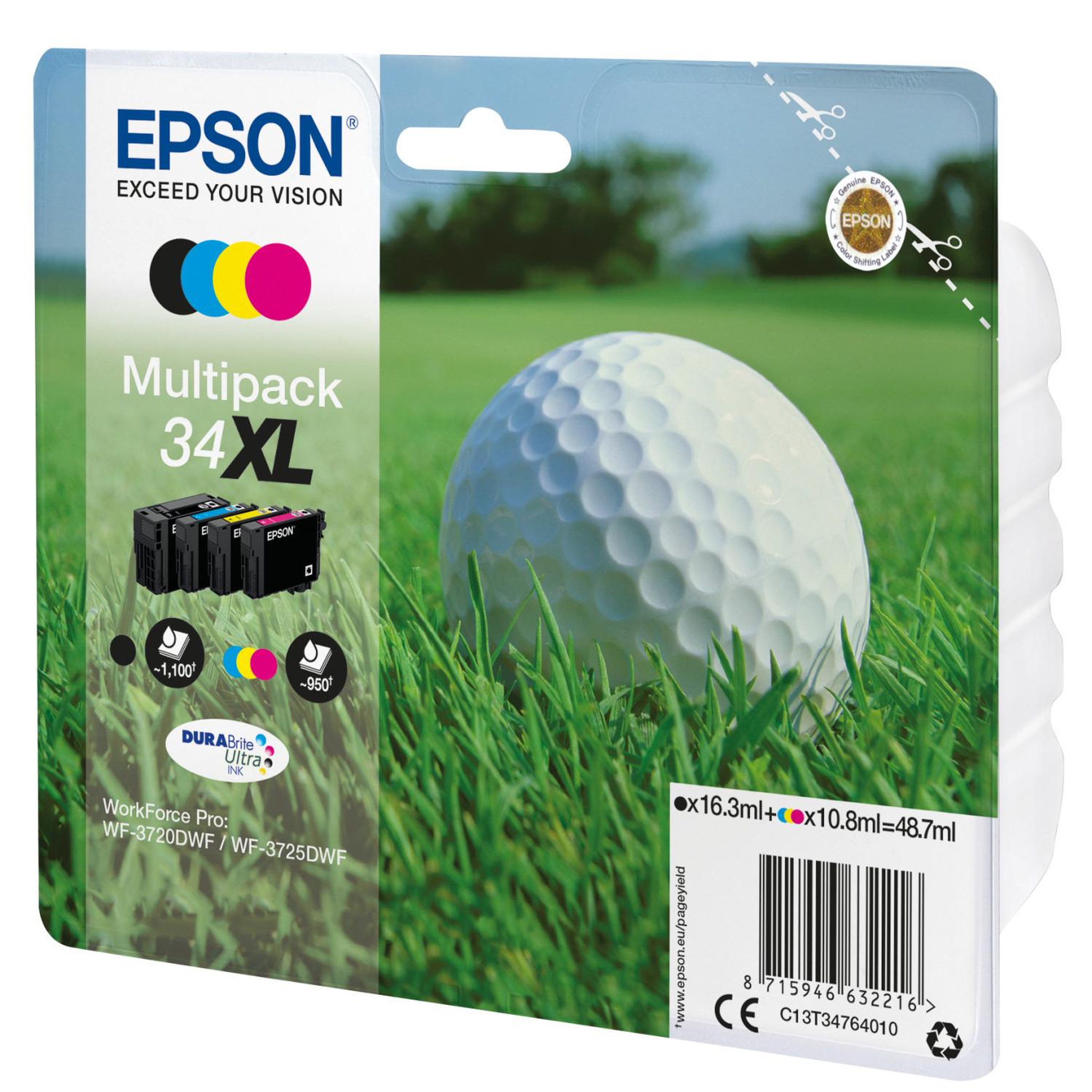 Voir la diapositive 2 : Epson Cartouche d'encre Pack Multipack 4 Originales T3476 XL (Noir + 3 Couleurs) - C13T34764010