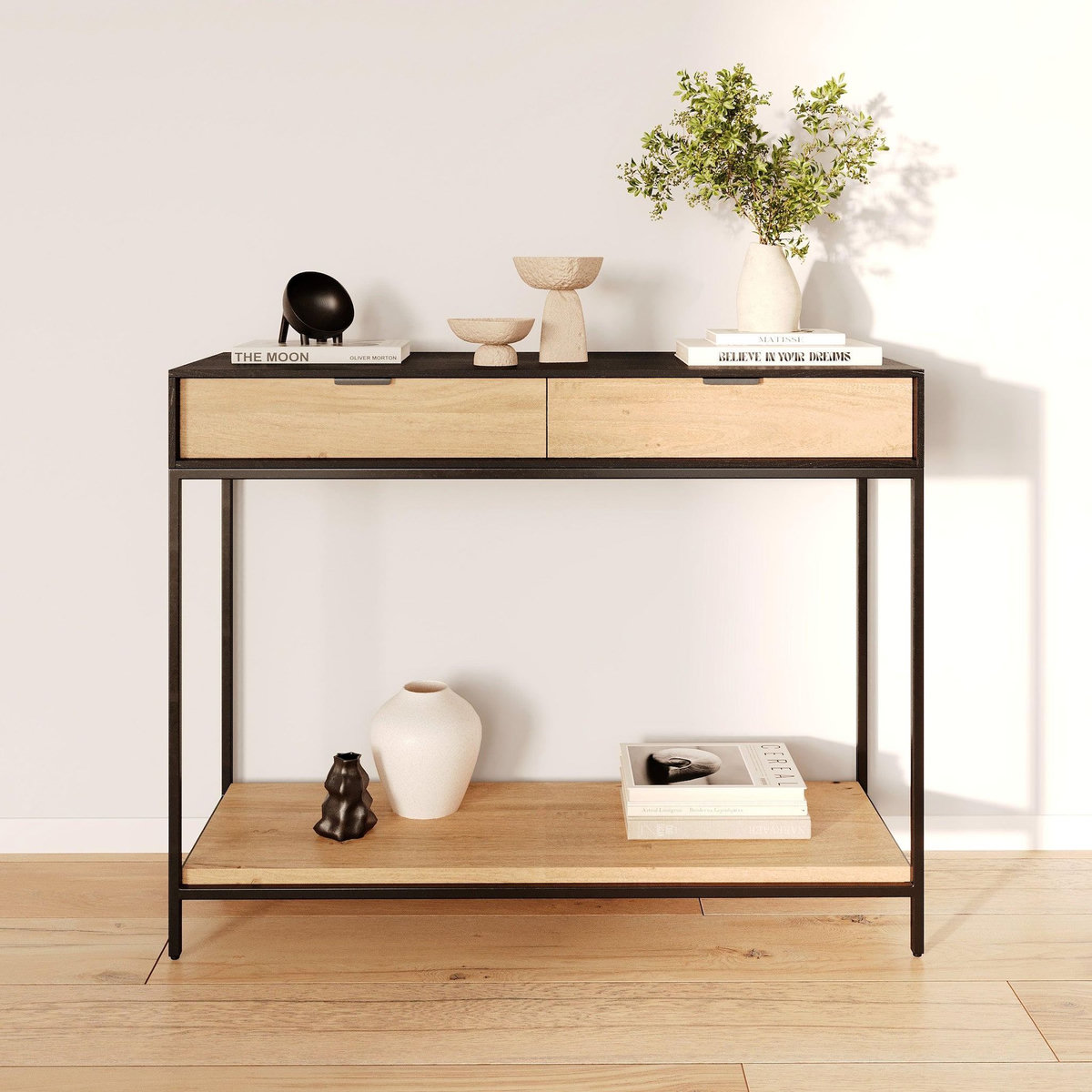 Rendez vous déco Console 2 tiroirs en bois d'acacia et pieds en métal noir-Jakson
