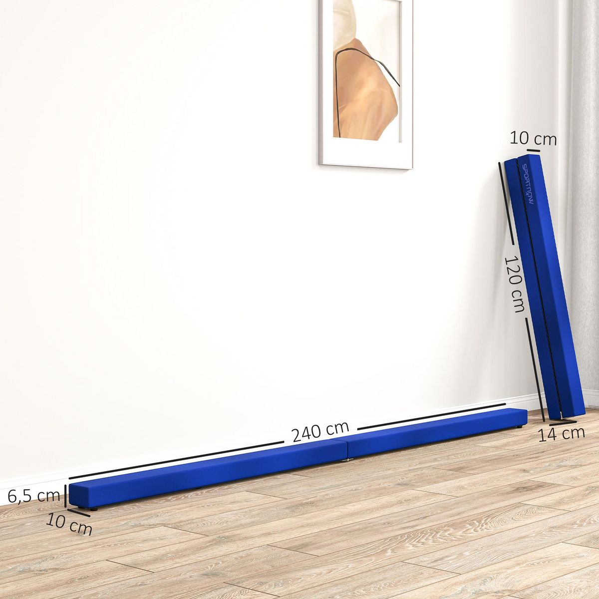 HOMCOM Poutre gymnastique pliable 240 cm - poutre d'équilibre antidérapante - bois de pin revêtement flanelle bleu