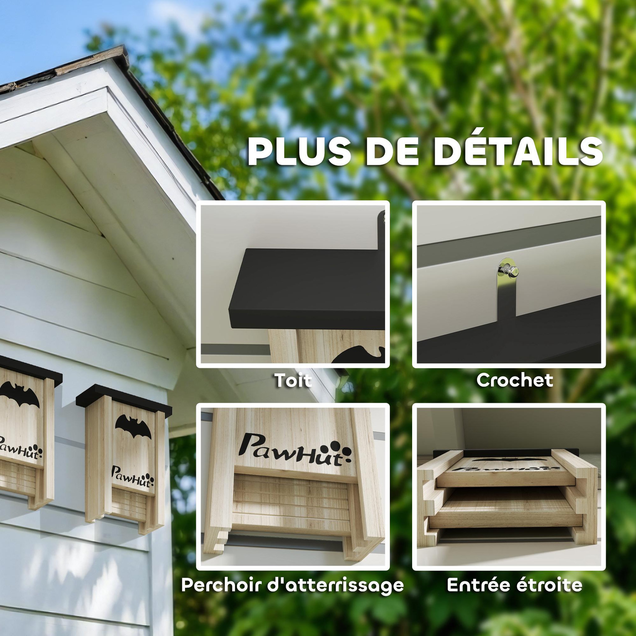 Voir la diapositive 5 : PAWHUT Nichoir à chauves-souris - lot de 3 - dim. 18l x 6l x 22h cm - bois sapin naturel noir