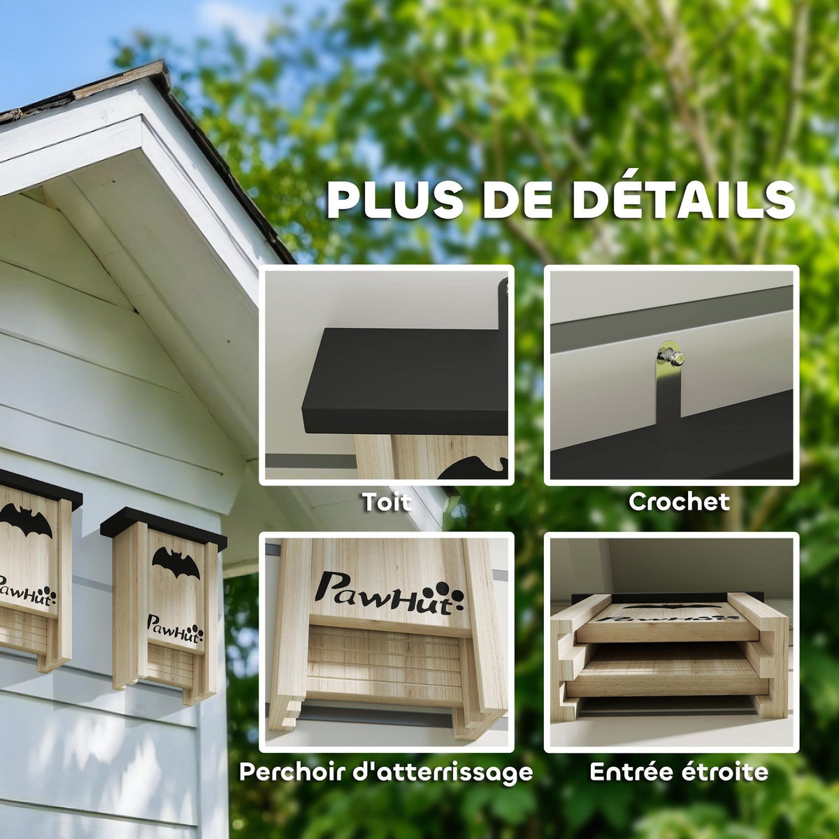 PAWHUT Nichoir à chauves-souris - lot de 3 - dim. 18L x 6l x 22H cm - bois sapin naturel noir