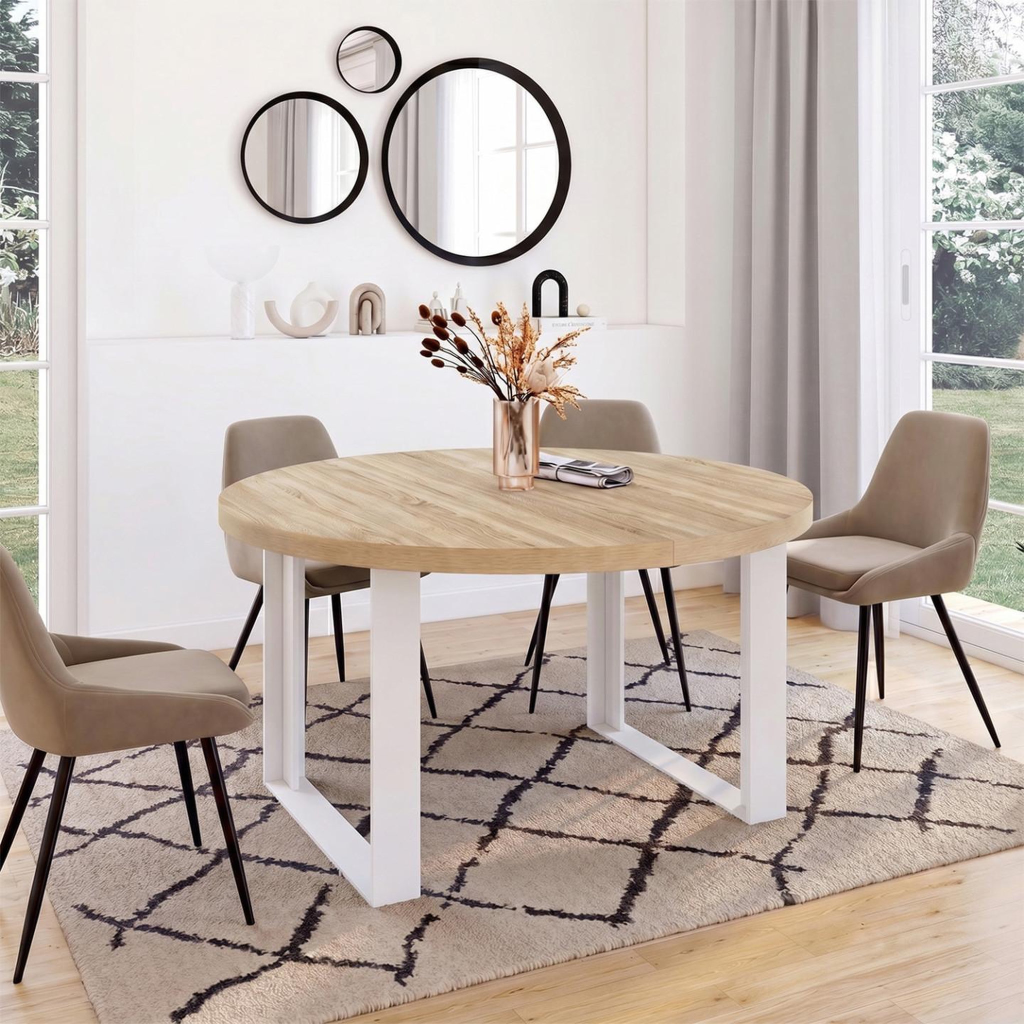 Voir la diapositive 4 : ID MARKET Table à manger extensible ronde phoenix 6-10 personnes bois et blanc 140-200 cm