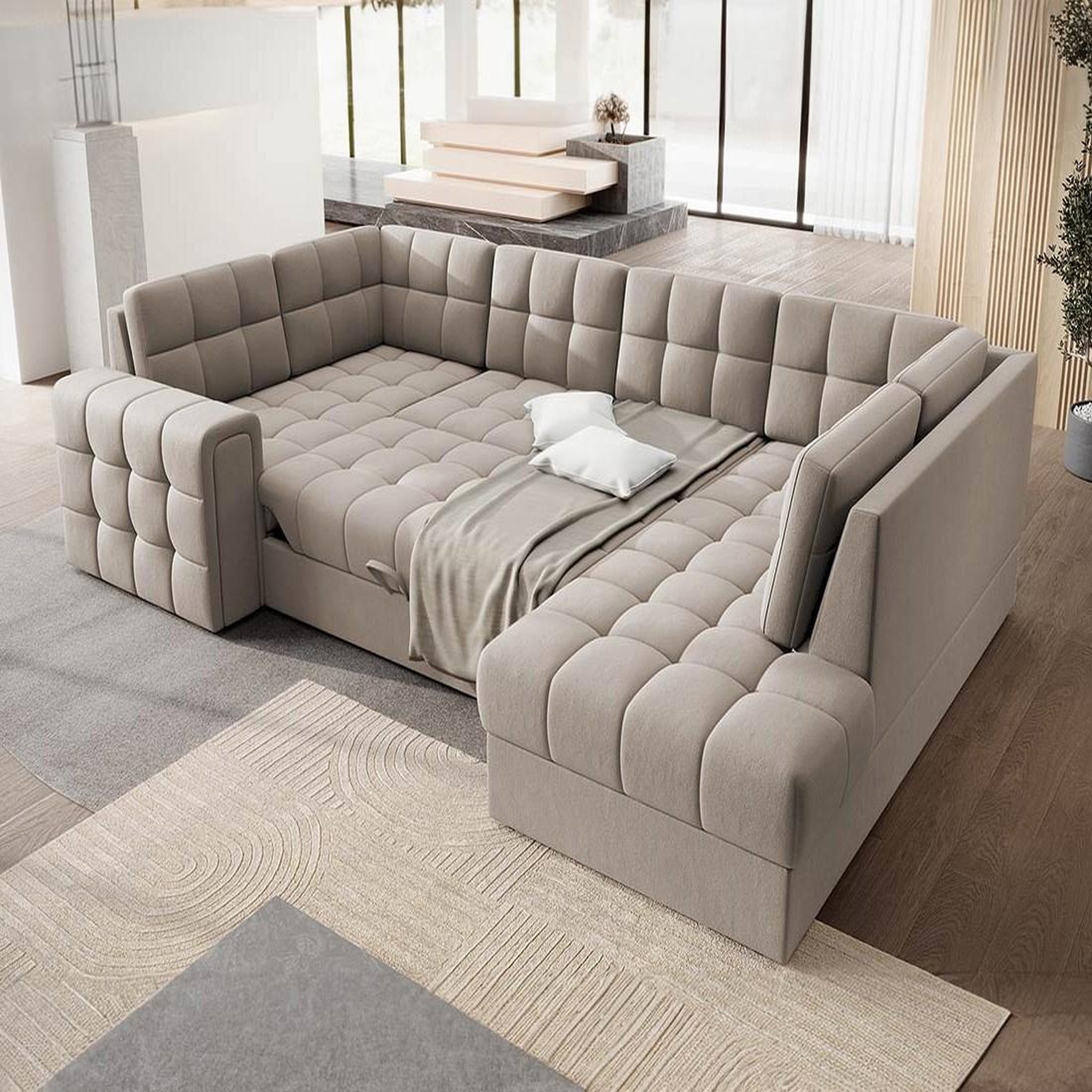 Voir la diapositive 2 : BEST MOBILIER Nappa - canapé panoramique d'angle gauche 7 places convertible avec coffre en velours