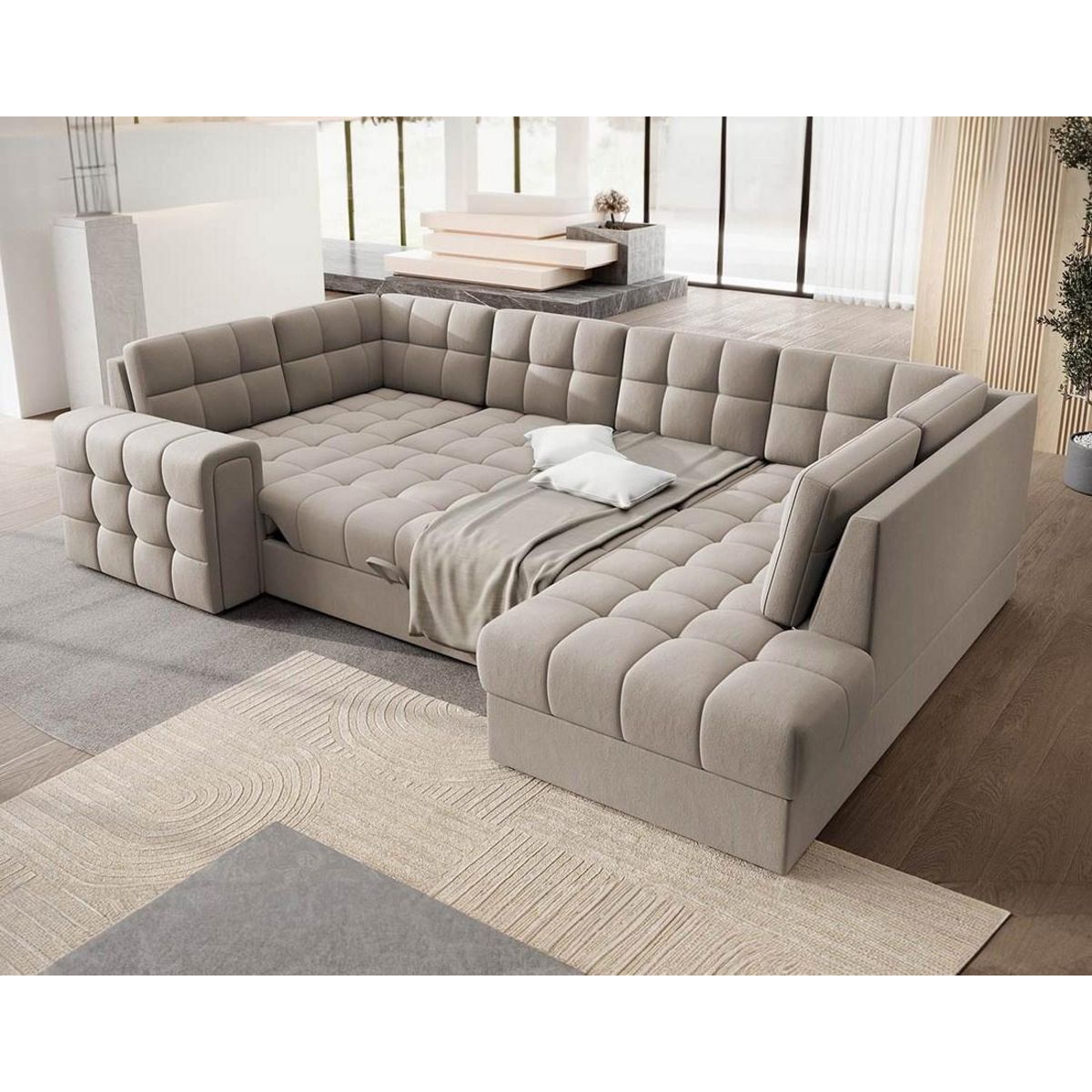 BEST MOBILIER Nappa - canapé panoramique d'angle gauche 7 places convertible avec coffre en velours