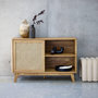 Voir la diapositive 2 : SWEEEK Petit buffet avec 1 porte coulissante et étagères. effet bois et détails cannage. buffet bas. 120cm
