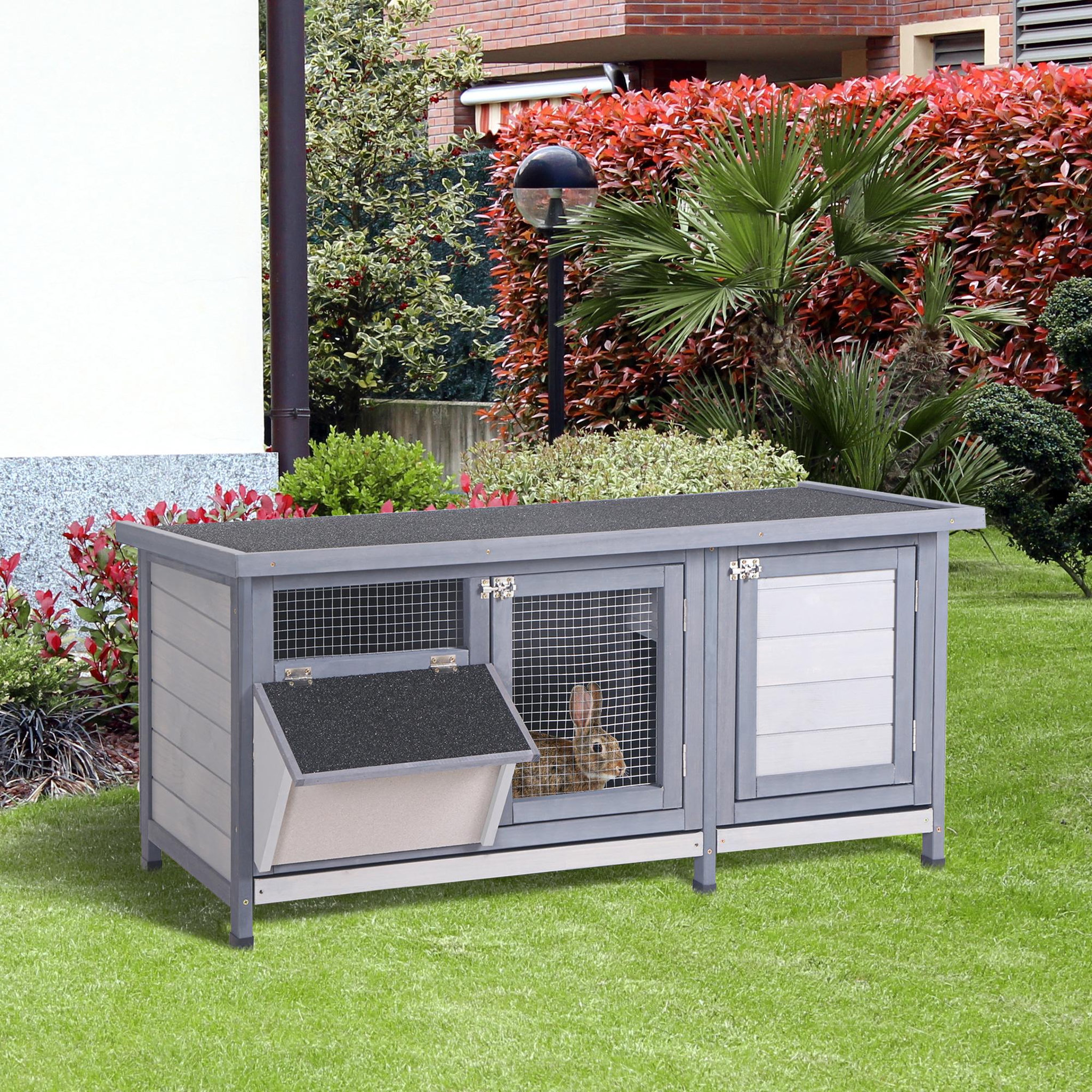 Voir la diapositive 2 : PAWHUT Clapier sur pieds - cage à lapin - 2 plateaux coulissants à excrément, 2 portes verrouillables, toit bitumé ouvrant, râtelier à foin - bois sapin gris