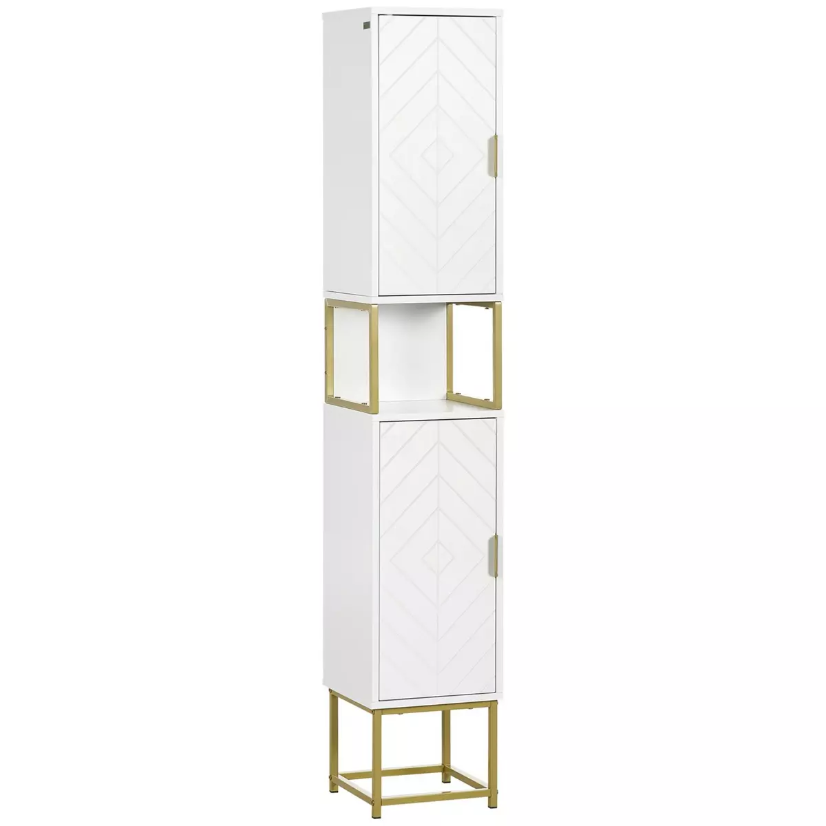 KLEANKIN Meuble colonne rangement salle de bain design - 2 portes, 2 étagères, niche - acier doré MDF blanc