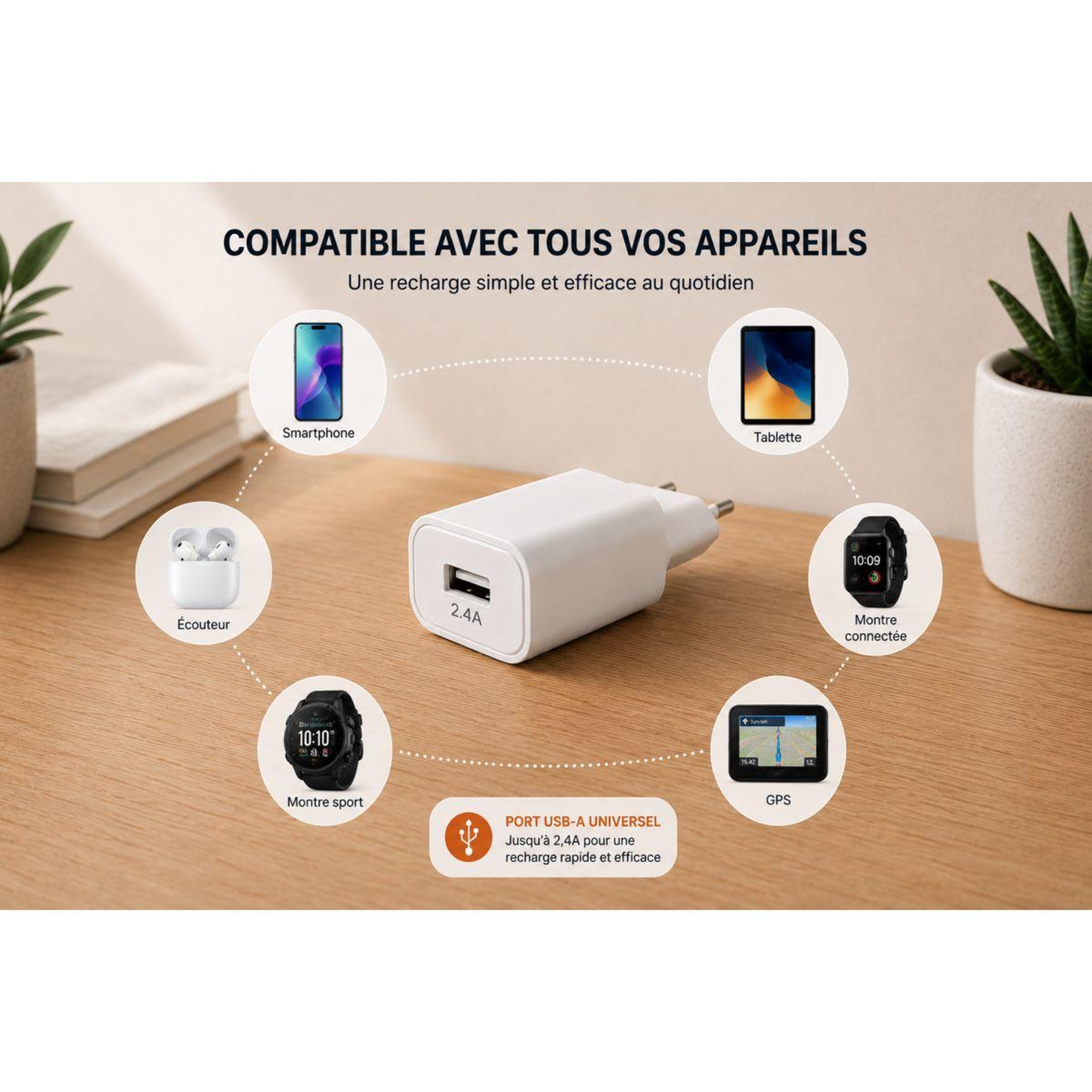 Voir la diapositive 3 : ESSENTIEL B Chargeur 12w usb-a blanc compatible iphone 17 16 15 pro max et samsung galaxy
