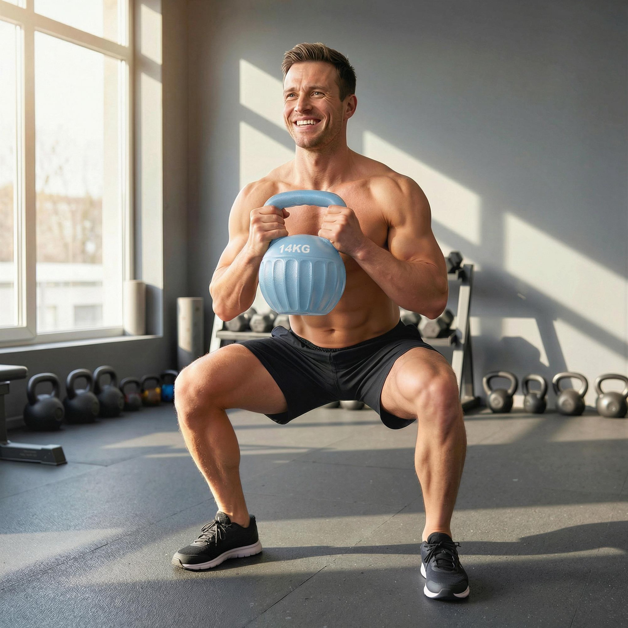Voir la diapositive 4 : HOMCOM Kettlebell 14 kg - prise ergonomique - entraînement musculaire & haltérophilie - pp bleu ciel