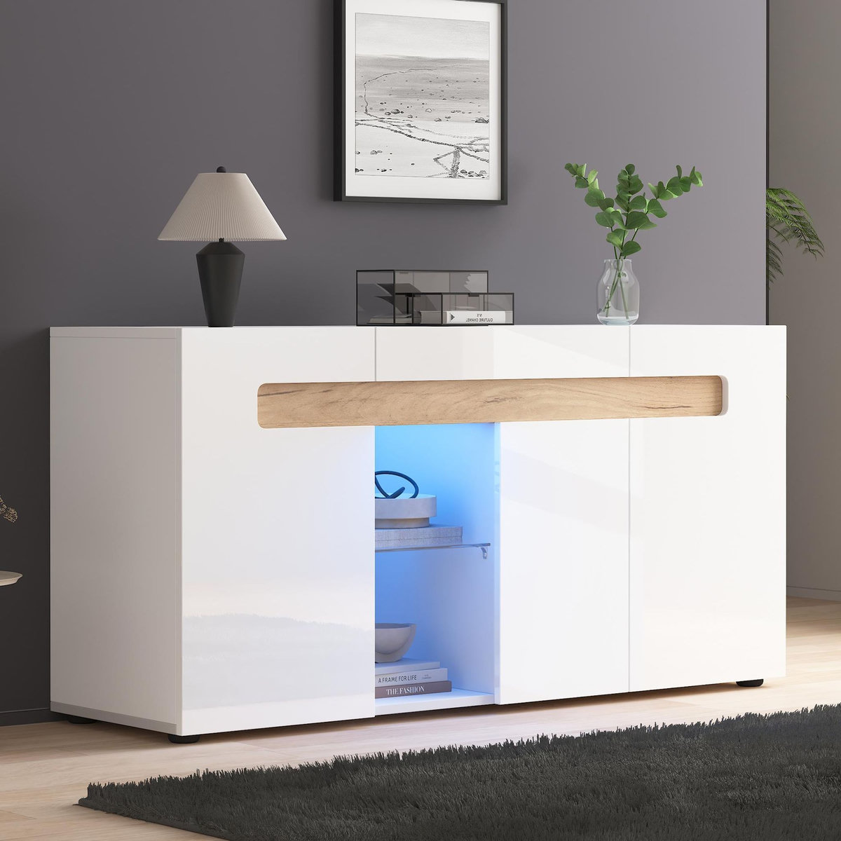 MERAX Buffet 3 porte(s) 0 tiroir(s) - 140 cm blanc+naturel led panneau de particules
