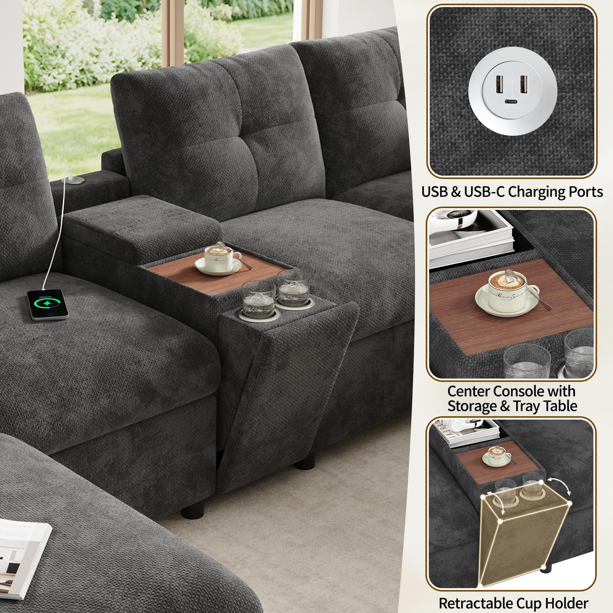 Voir la diapositive 5 : MERAX Canapé d'angle modulable 6 places u/l avec 2 poufs rangement usb type-c chenille