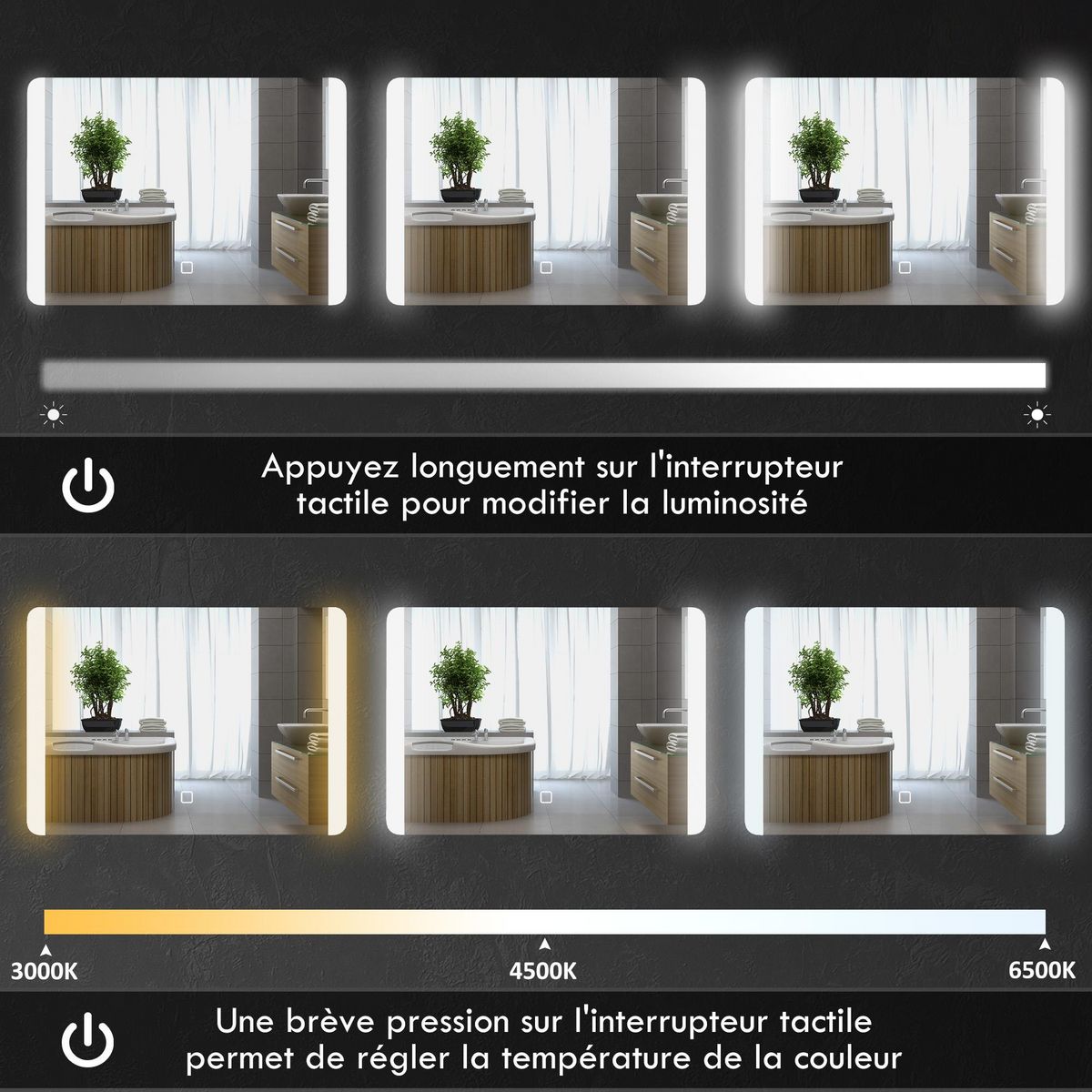 HOMCOM Miroir lumineux LED 24W antibué réglable interrupteur tactile dim. 50L x 4P x 70H cm