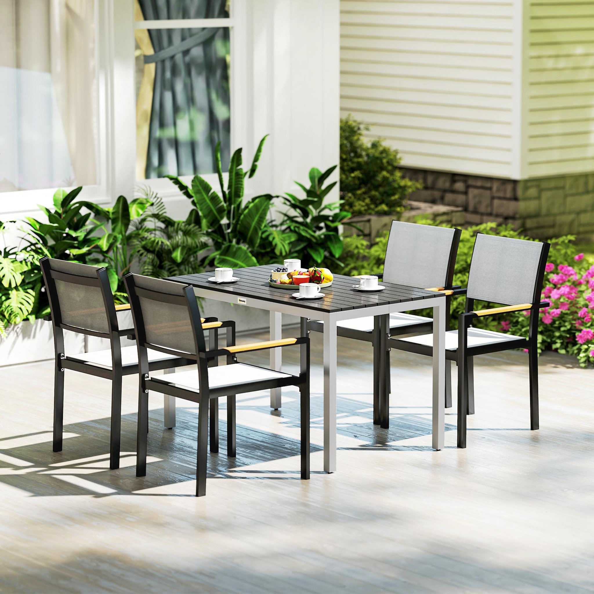 Voir la diapositive 4 : OUTSUNNY Table de jardin rectangulaire 4-6 personnes dim.120 x 70 x 72 cm aluminium plateau à lattes effet bois noir