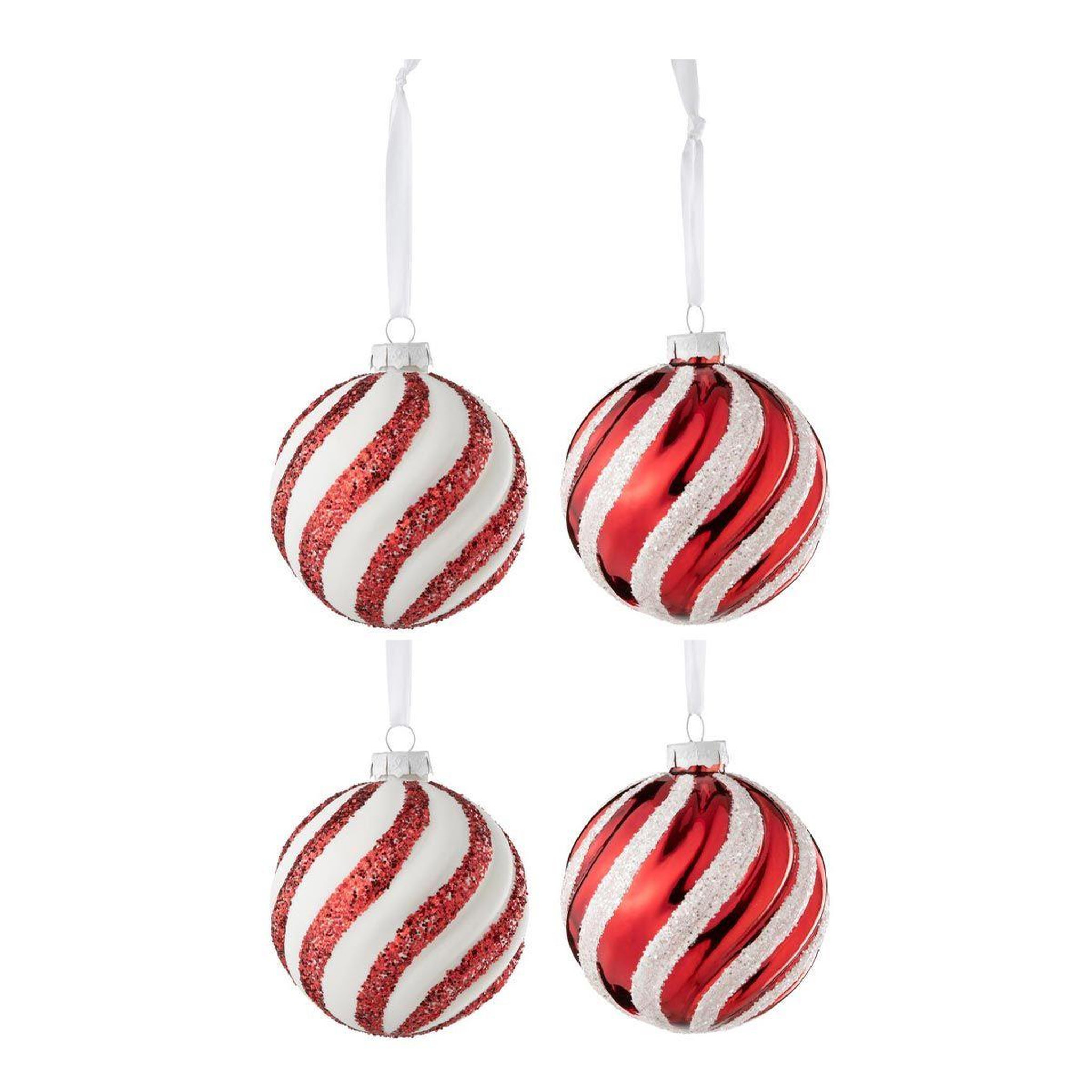 J-LINE Lot de 4 boules de noël  orge  10cm rouge & blanc