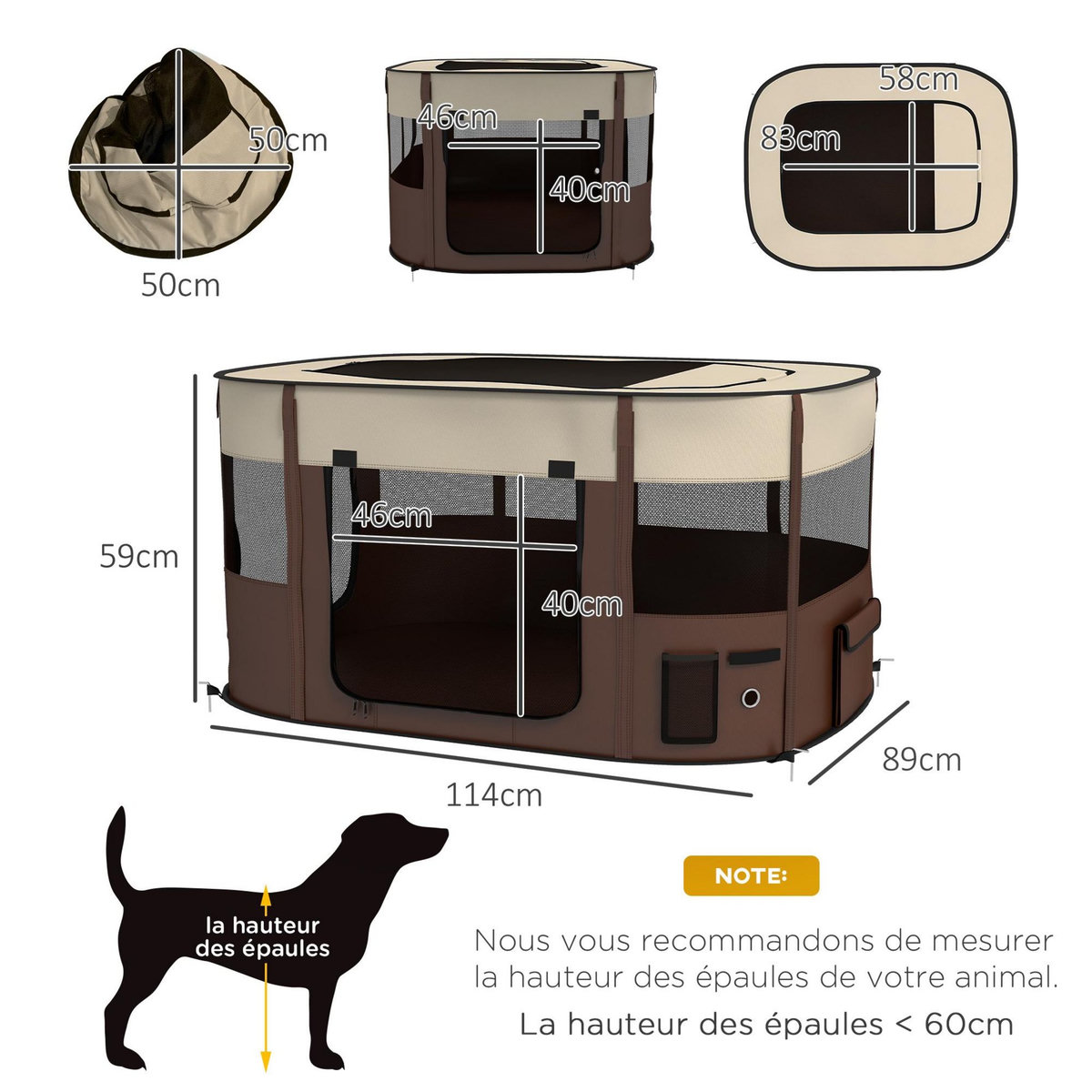 PAWHUT Parc pliable pour chien en tissu Oxford - fenêtres, portes en maille - sac de rangement - marron
