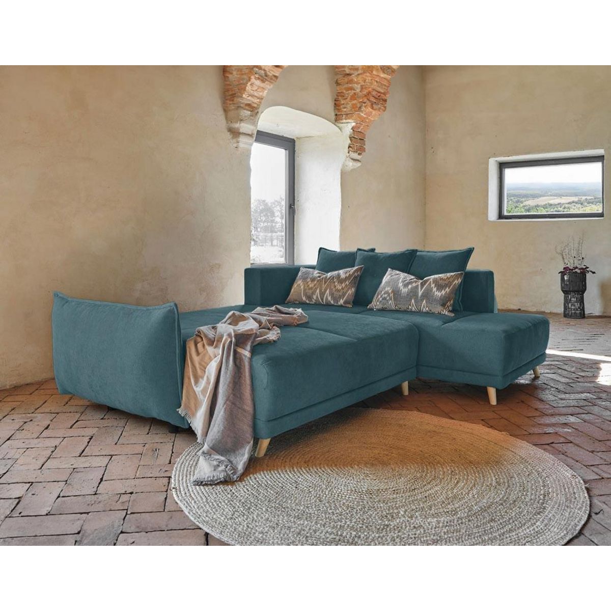 BEST MOBILIER Lena - canapé d'angle droit convertible - 5 places - bleu canard - style scandinave - bleu canard