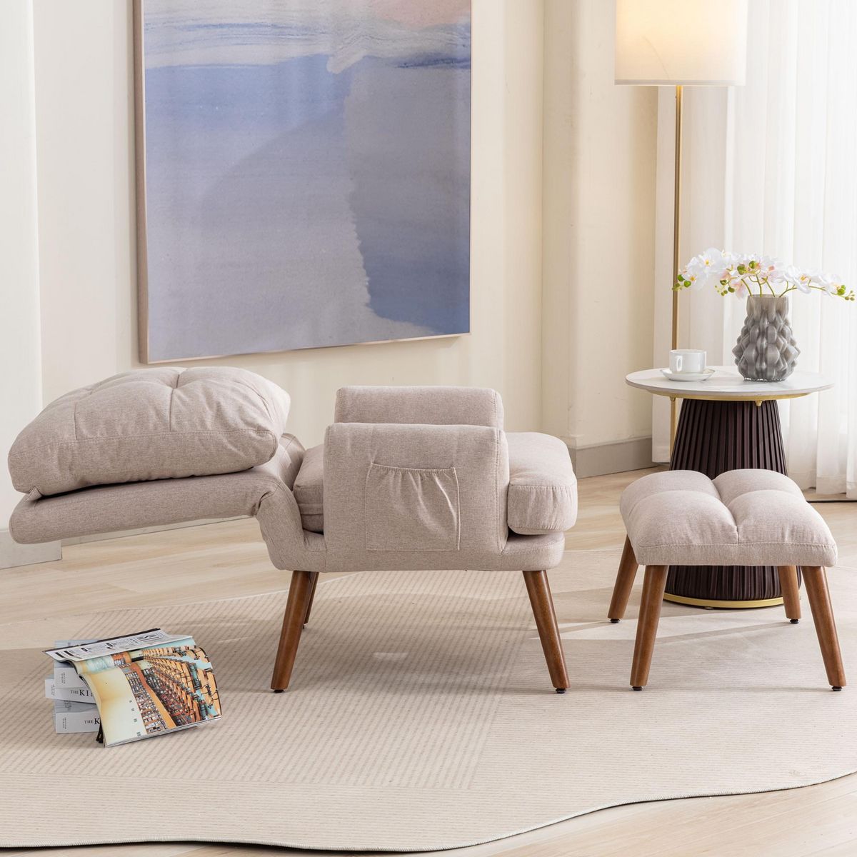 MERAX Fauteuil Scandinave + Pouf Tissu Beige