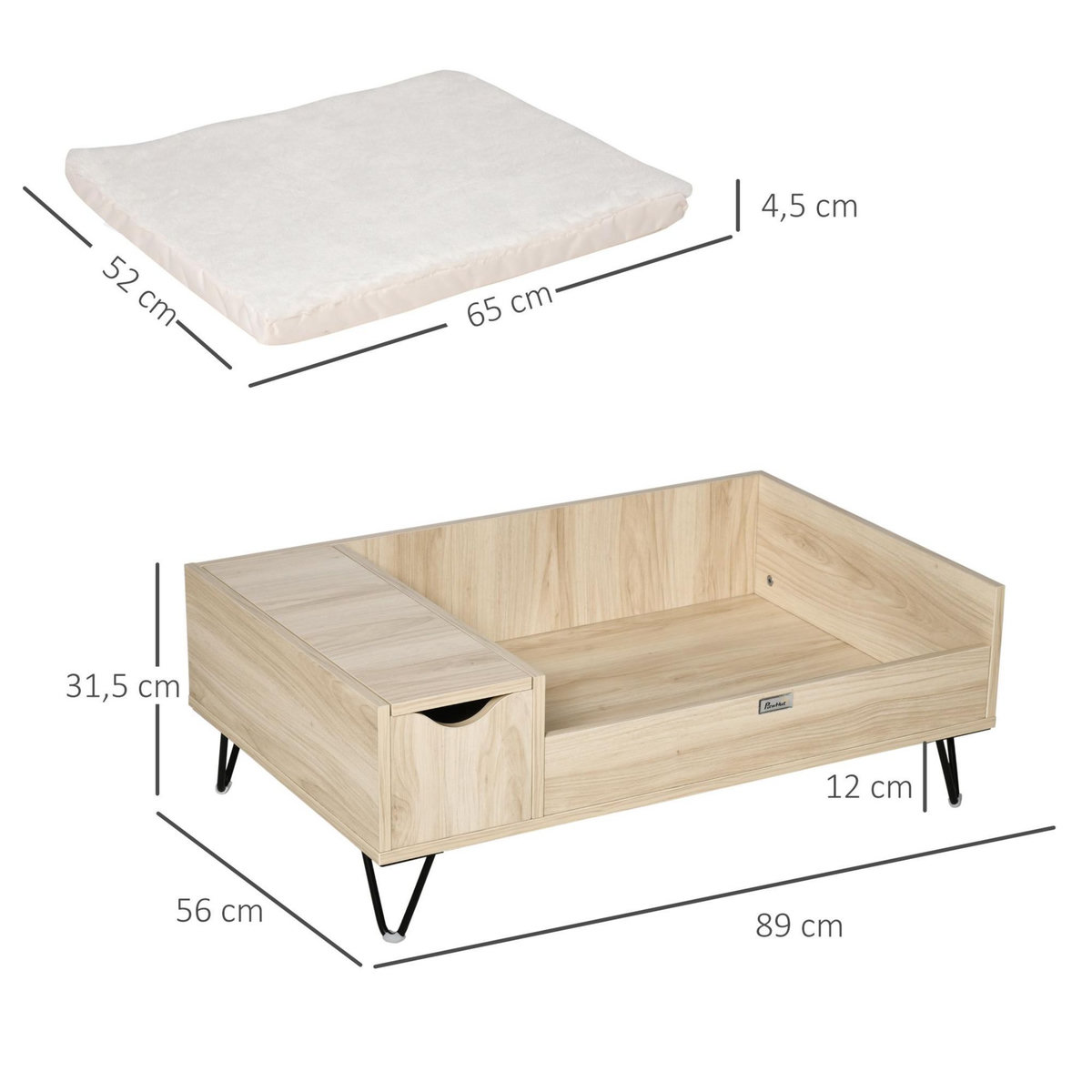 PAWHUT Canapé chien chat style cosy naturel - coussin aspect fourrure blanc et coffre inclus - dim. 89L x 56l x 31H cm - pieds acier en épingles lit MDF aspect bois clair naturel