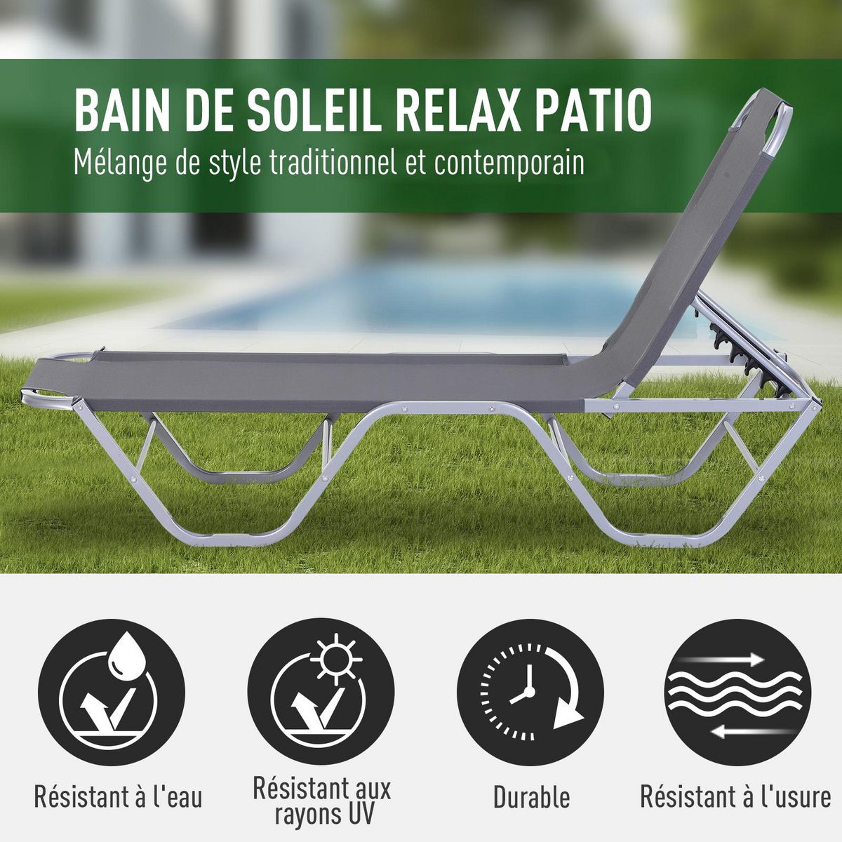 OUTSUNNY Bain de soleil transat design contemporain dossier inclinable multi-positions alu textilène gris